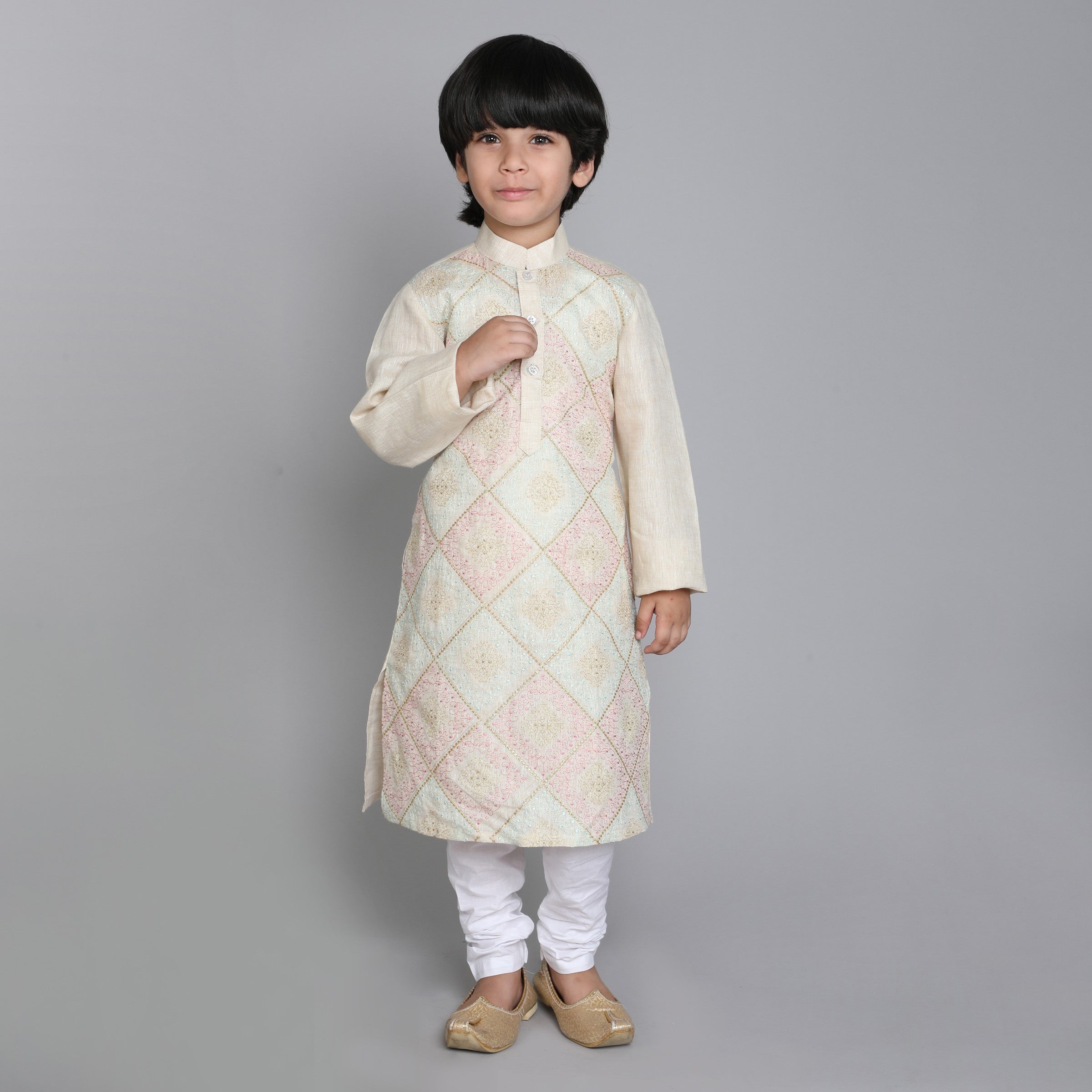Pure Linen Kurta Set - Self Color Embroidery - Beige