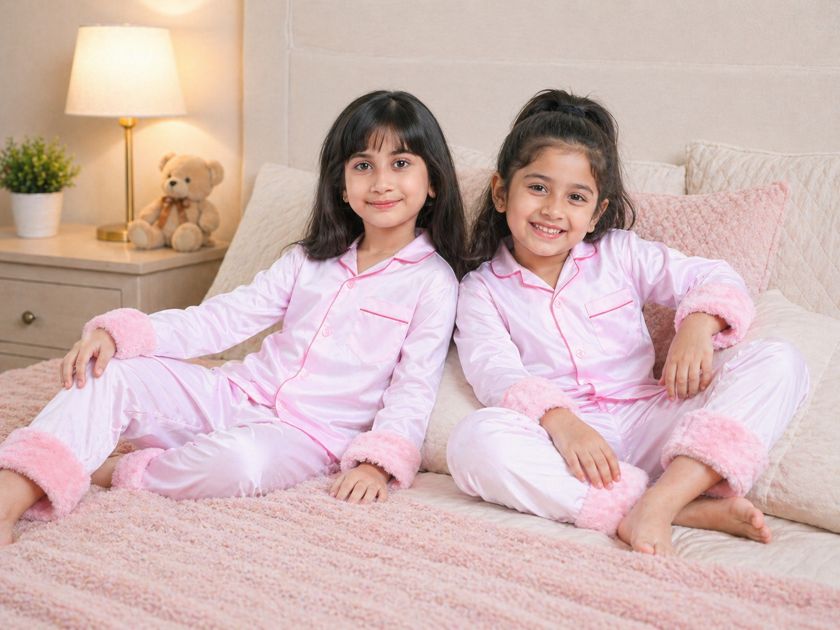 Midnight Pink Luxe Cotton Silk Nigh tsuit Set with Faux Fur Trims