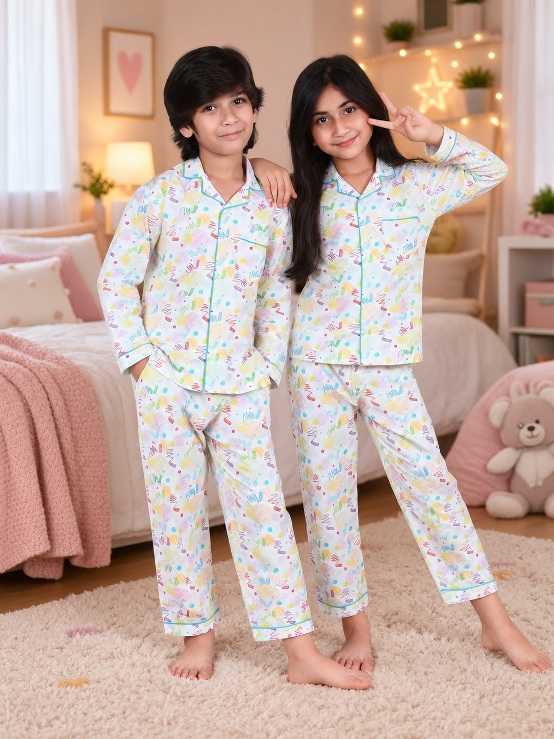 White Pastel Doodle Print Cotton Nightsuit Set