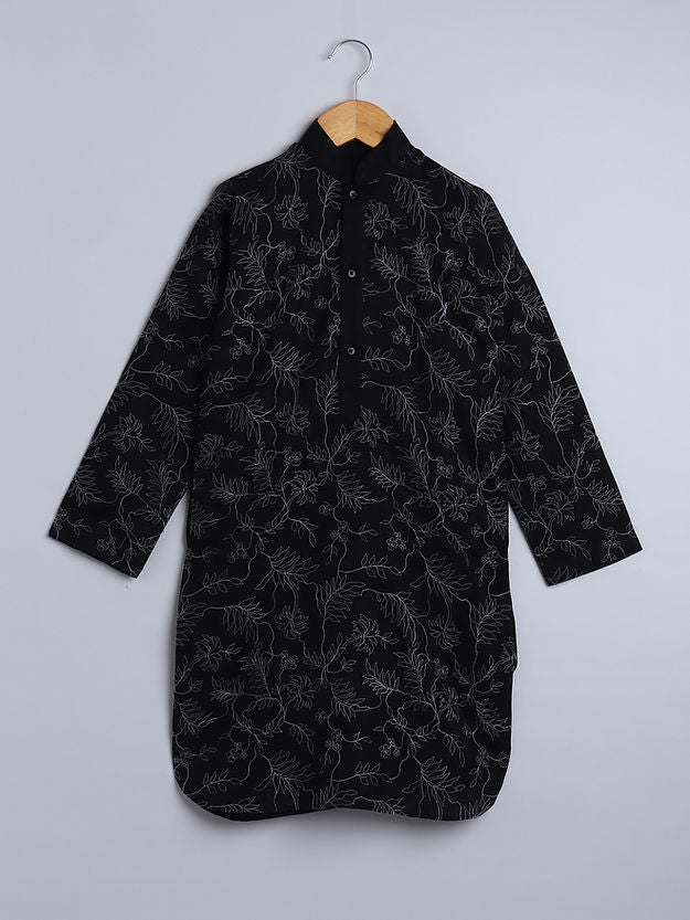 Pure Linen Kurta Set - white single thread embroidery - Black