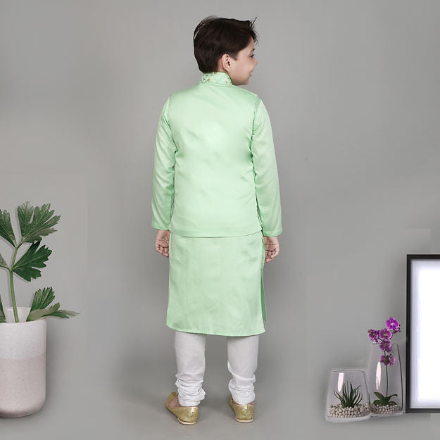 Cotton Silk 3pcs Kurta Set - zari and self coloured thread embroidery - Lime Green