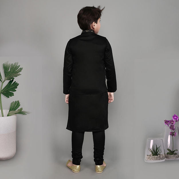 Cotton silk 3pcs Kurta Set - gold Zari and grey colored thread embroidery - Black