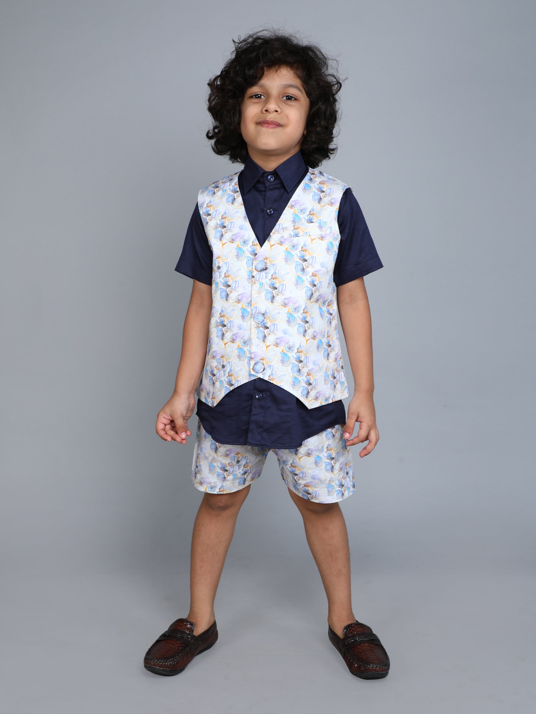 Navy Blue Cotton Silk Shirt with Printed Shorts and Waistcoat Set