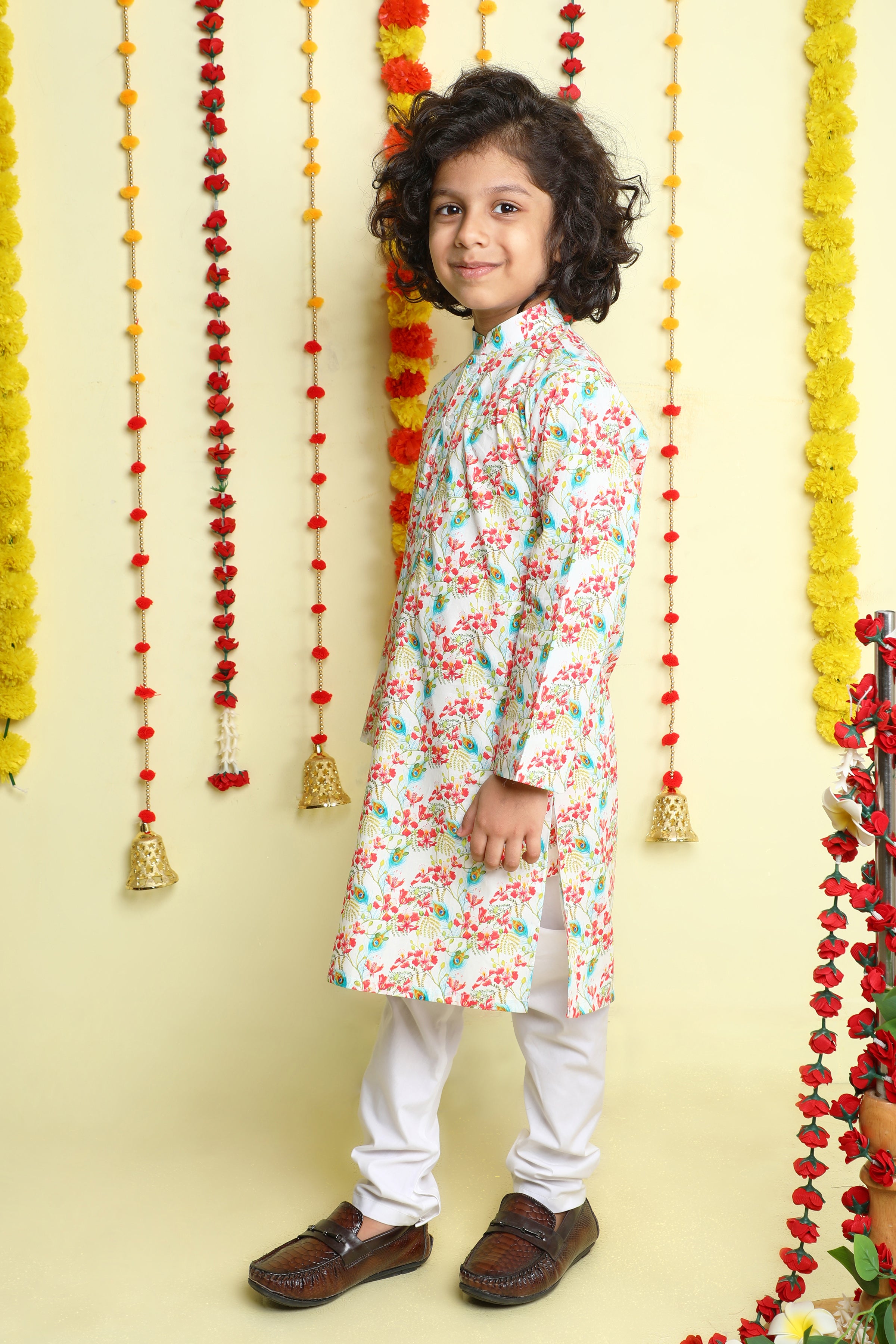 Cream Peacock Bloom Print Cotton Kurta Set