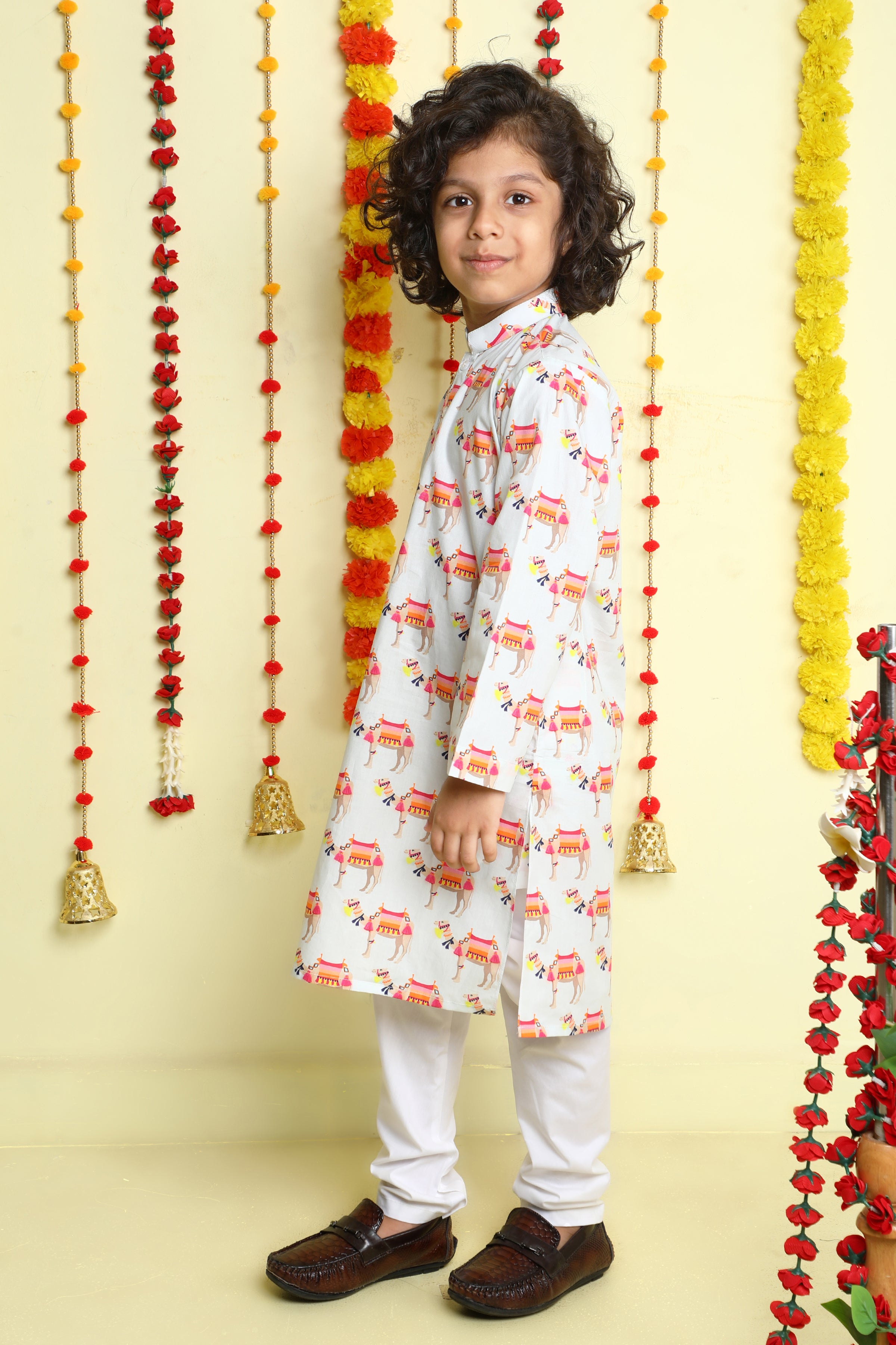 White Carnival Camel Print Cotton Kurta Set