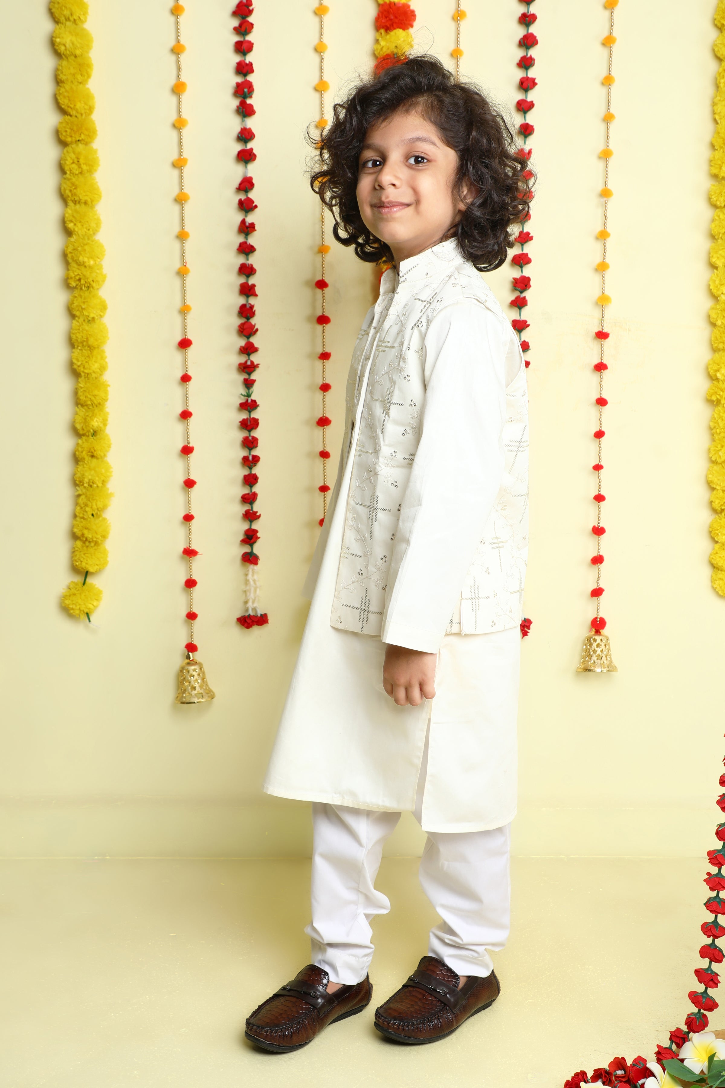 Ivory Kurta Set with Sequined Nehru Jacket