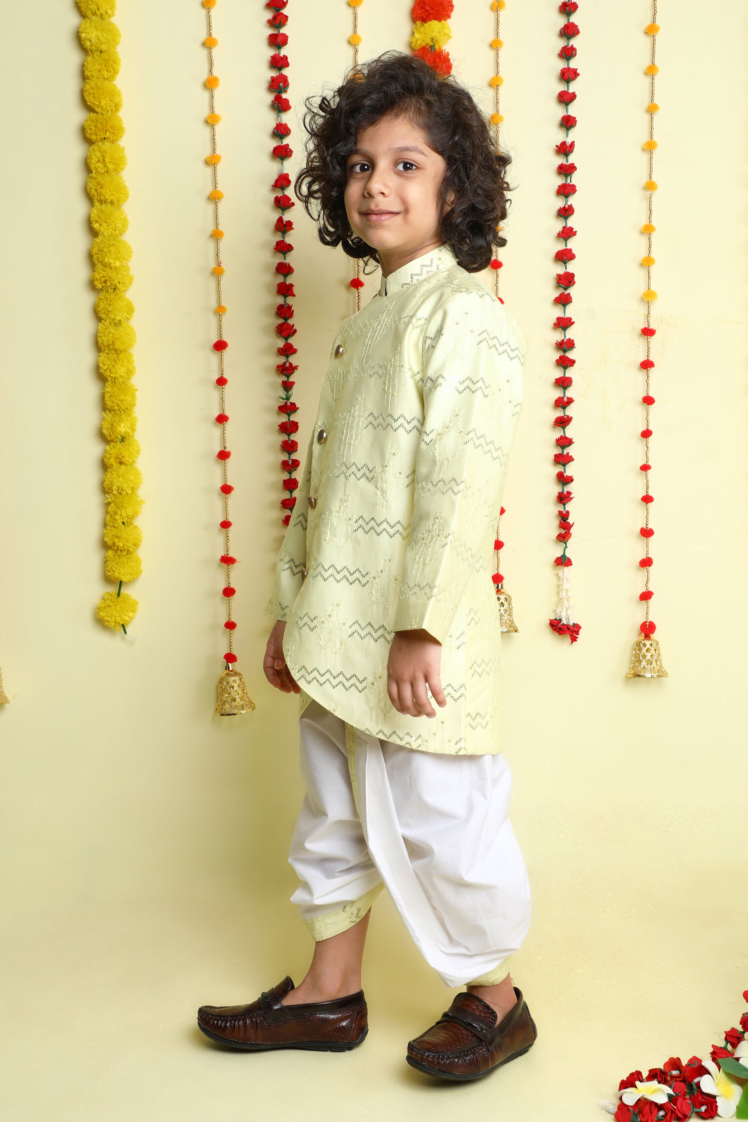 Lemon Yellow Sequined Asymmetric Kurta Dhoti Set