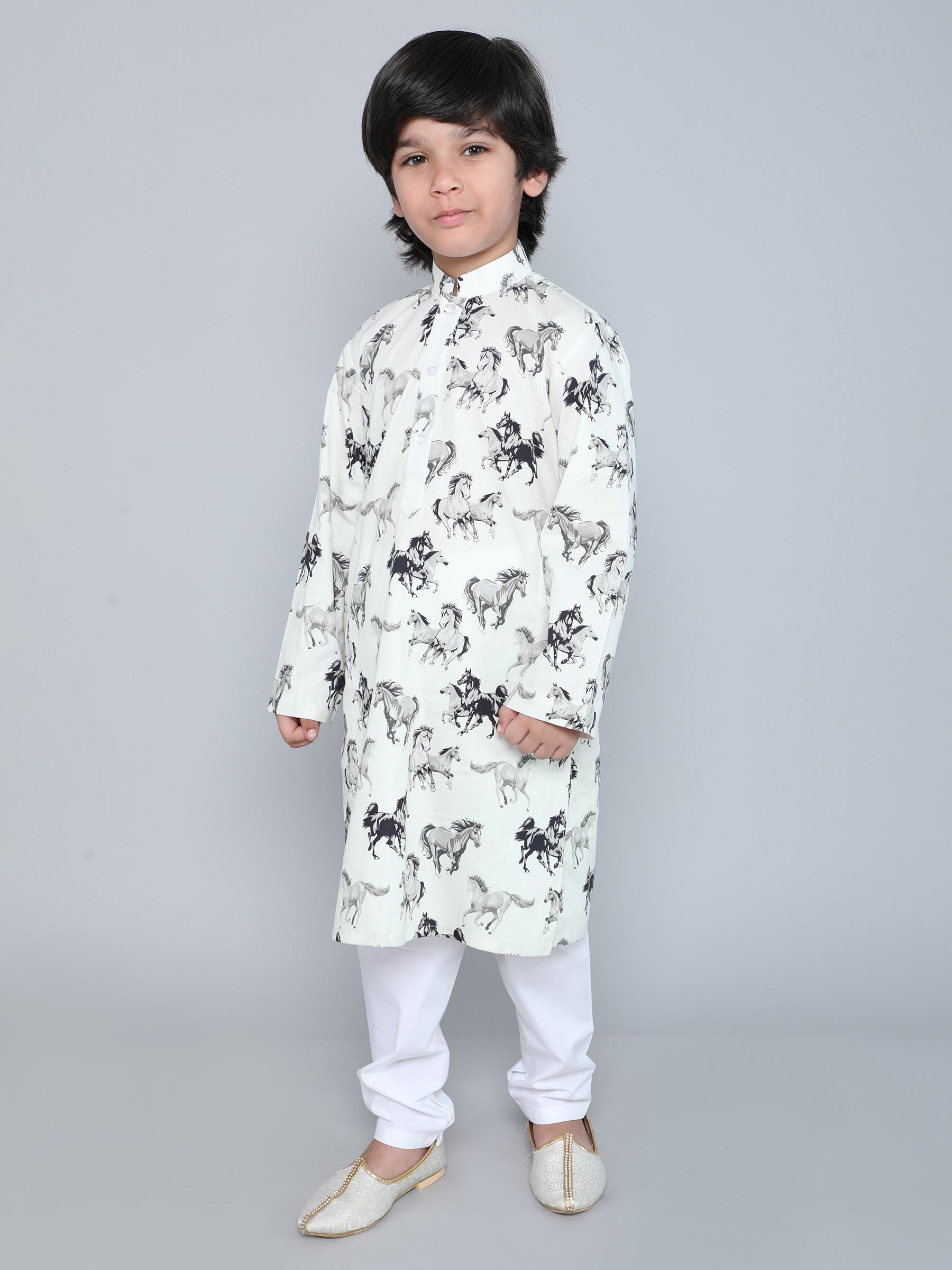 Off White Horse Print Cotton Kurta Set