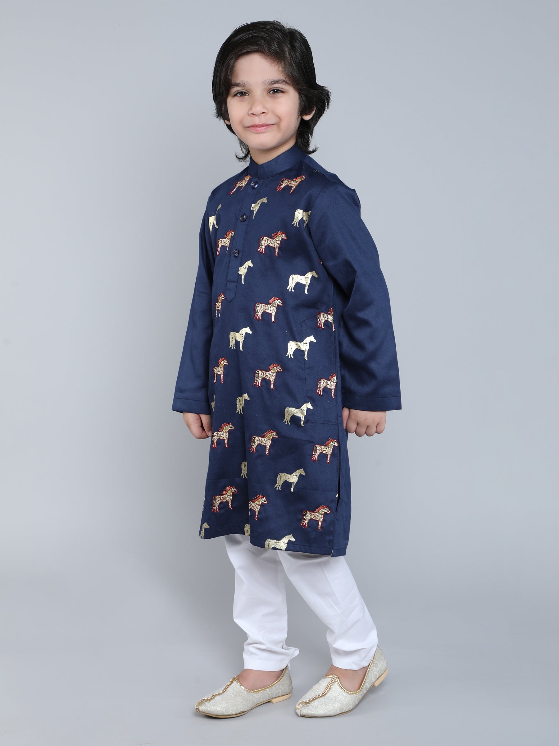 Navy Blue Embroidered Horse Kurta Set