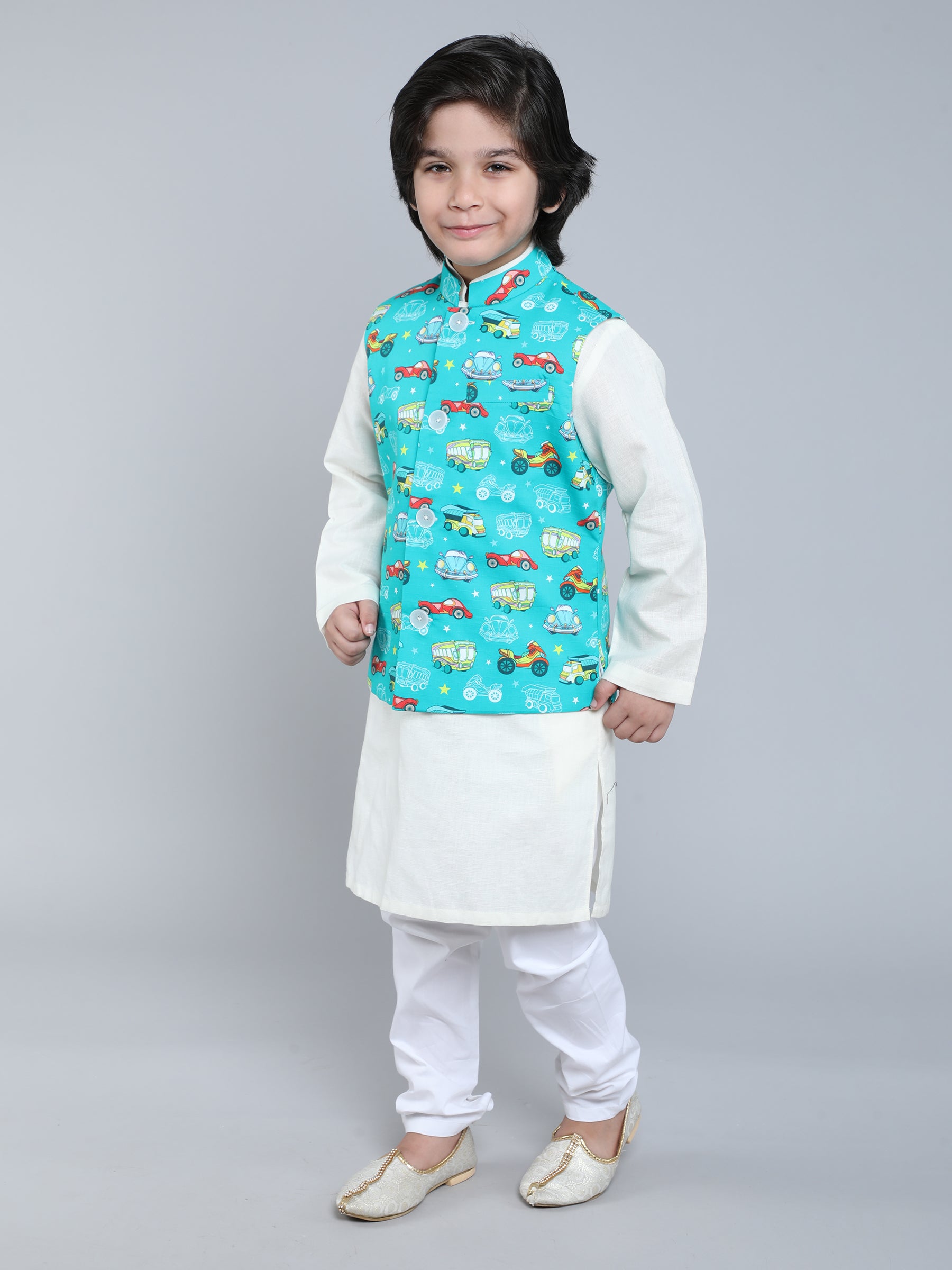 White Kurta Set with Aqua Blue Quirky Print Nehru Jacket