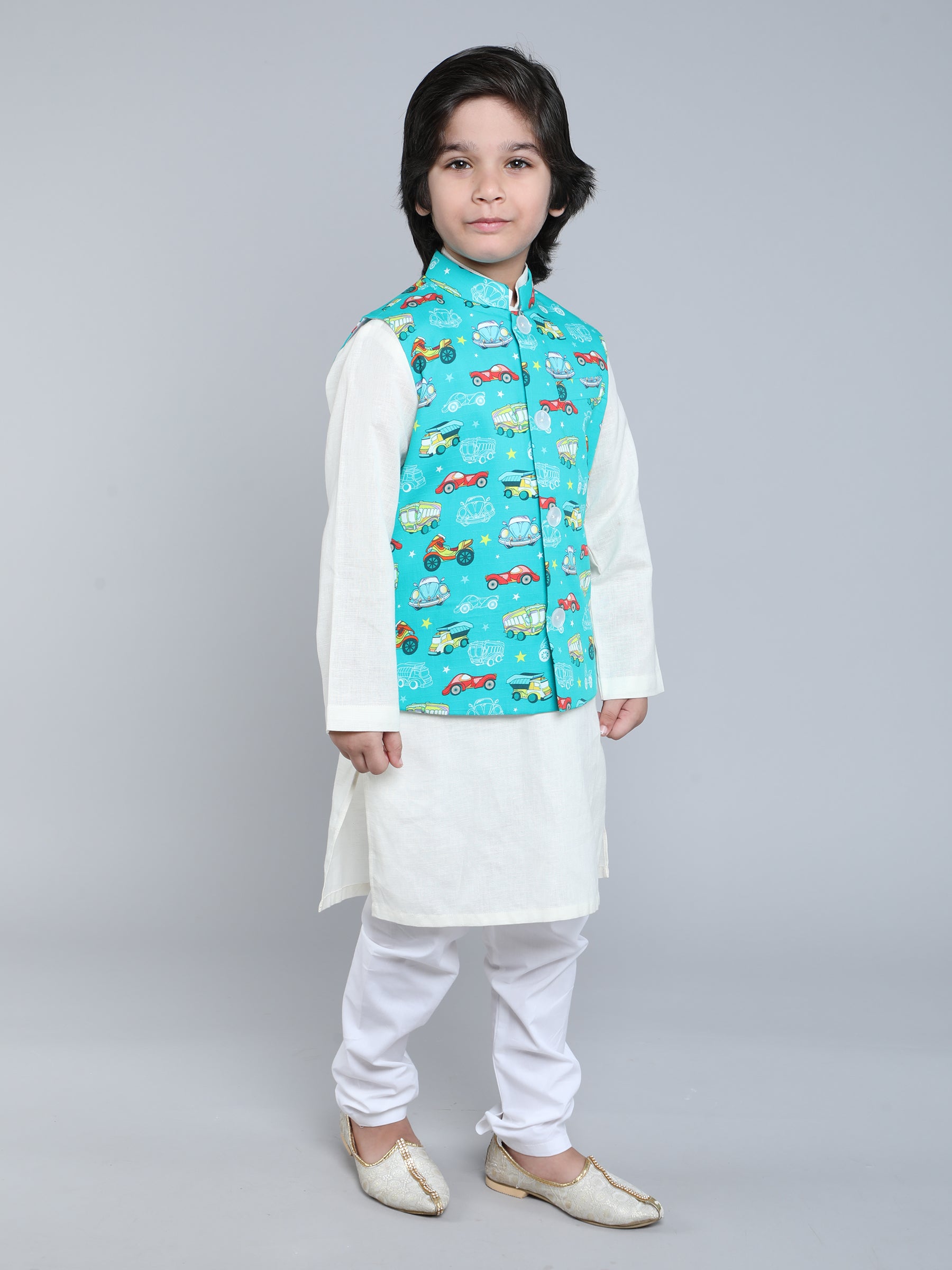 White Kurta Set with Aqua Blue Quirky Print Nehru Jacket