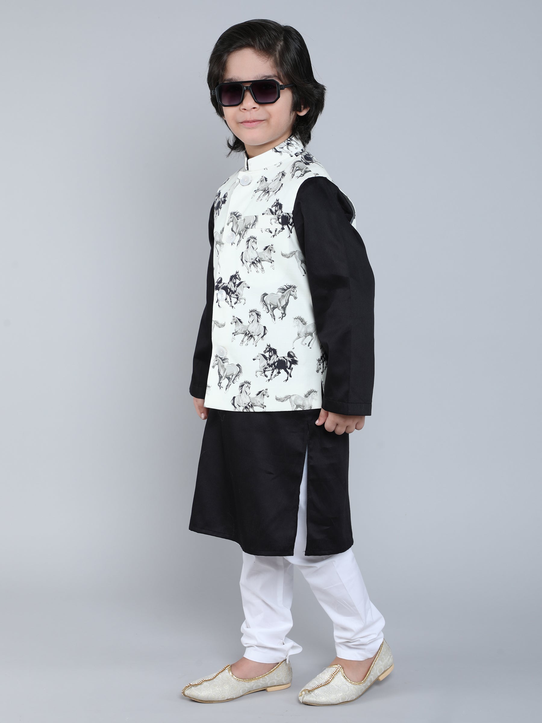 Black and White Kurta Set with Horse Print Nehru Jacket