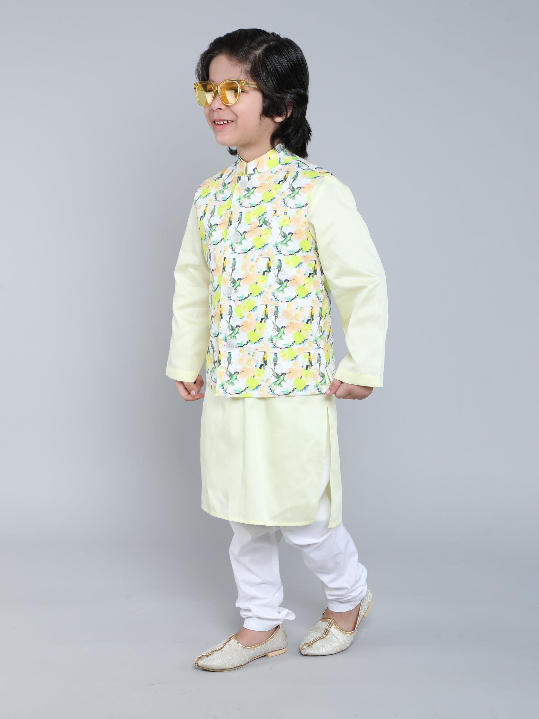 Lemon Yellow Kurta Set with Bird Print Nehru Jacket