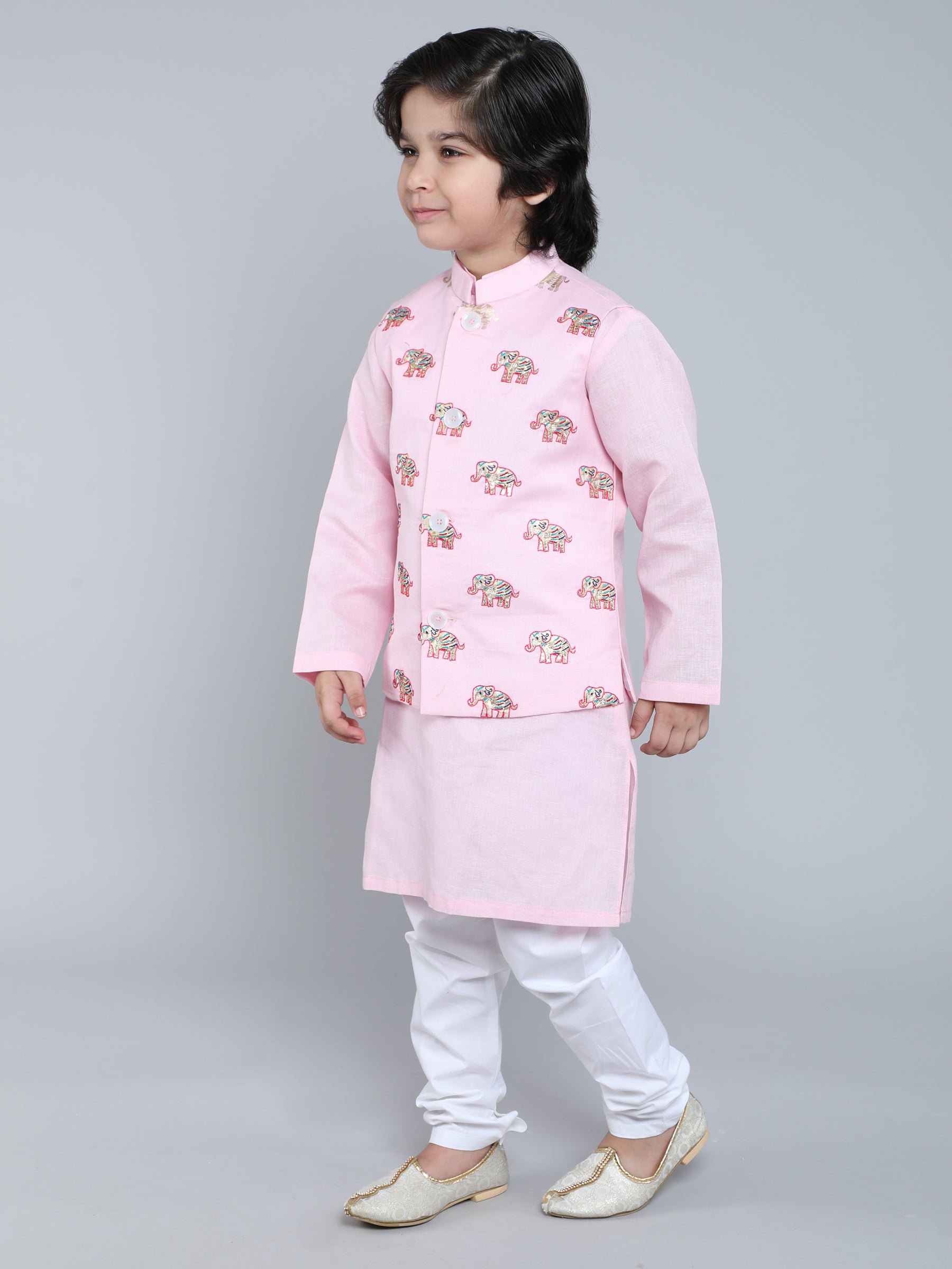 Pink Kurta Set with Embroidered Elephant Nehru Jacket