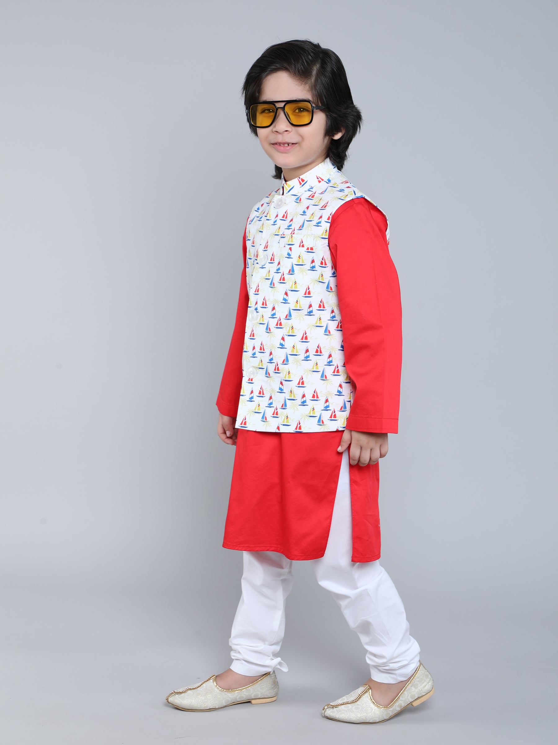 Red Kurta Set with Nautical Print Nehru Jacket