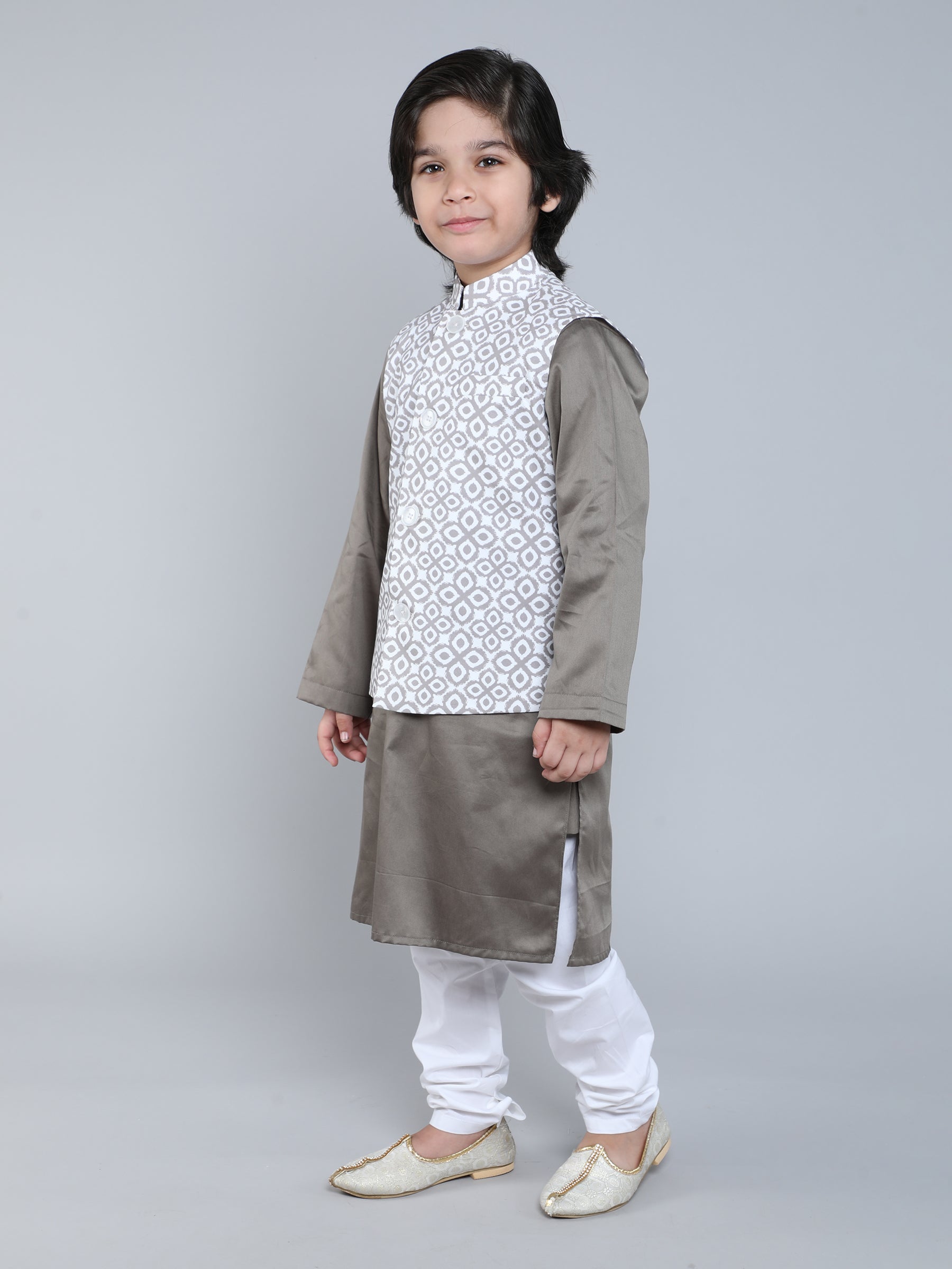 Taupe Kurta Set with Ikat Print Nehru Jacket