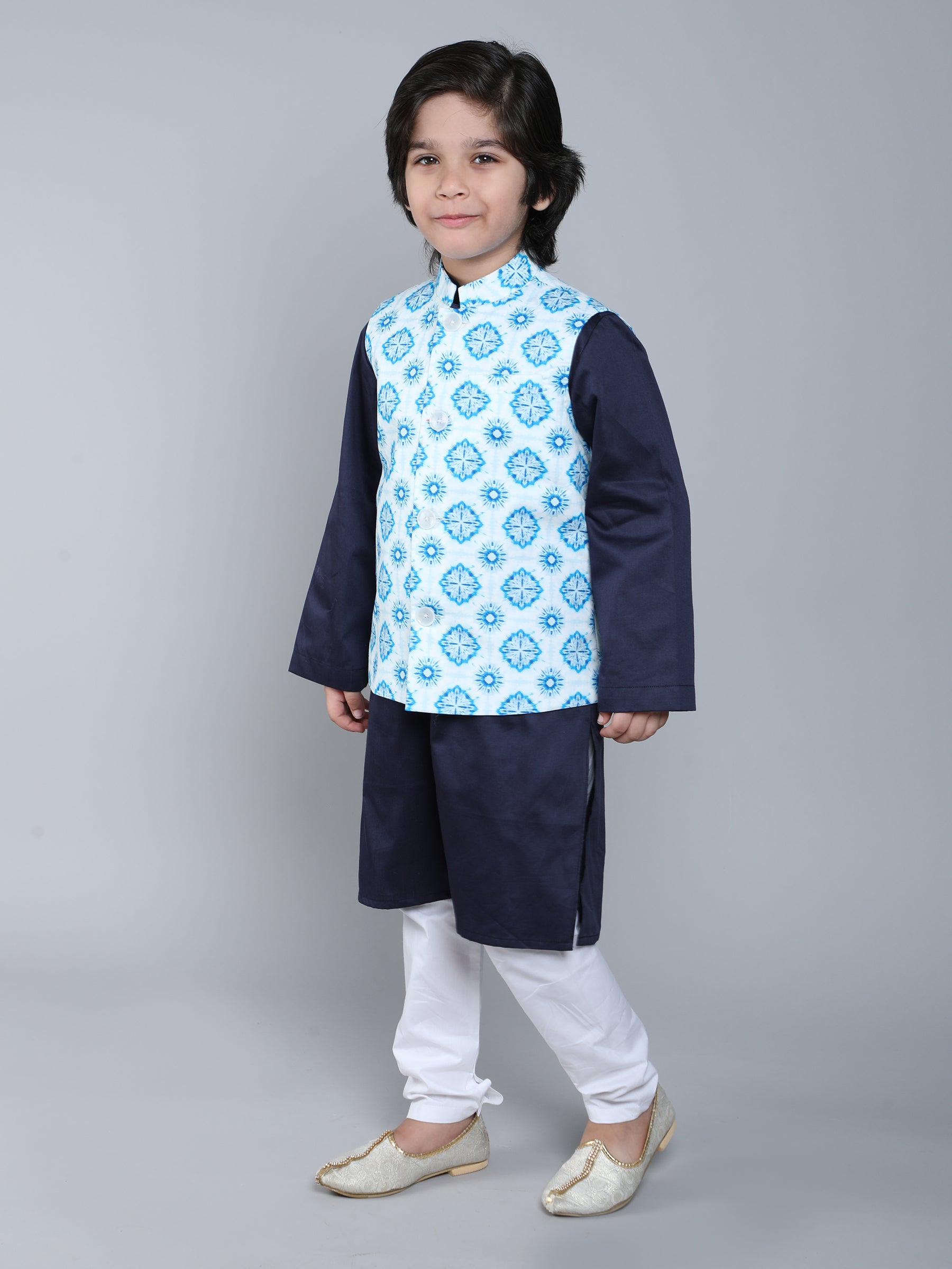 Navy Blue Kurta Set with Shibori Print Nehru Jacket