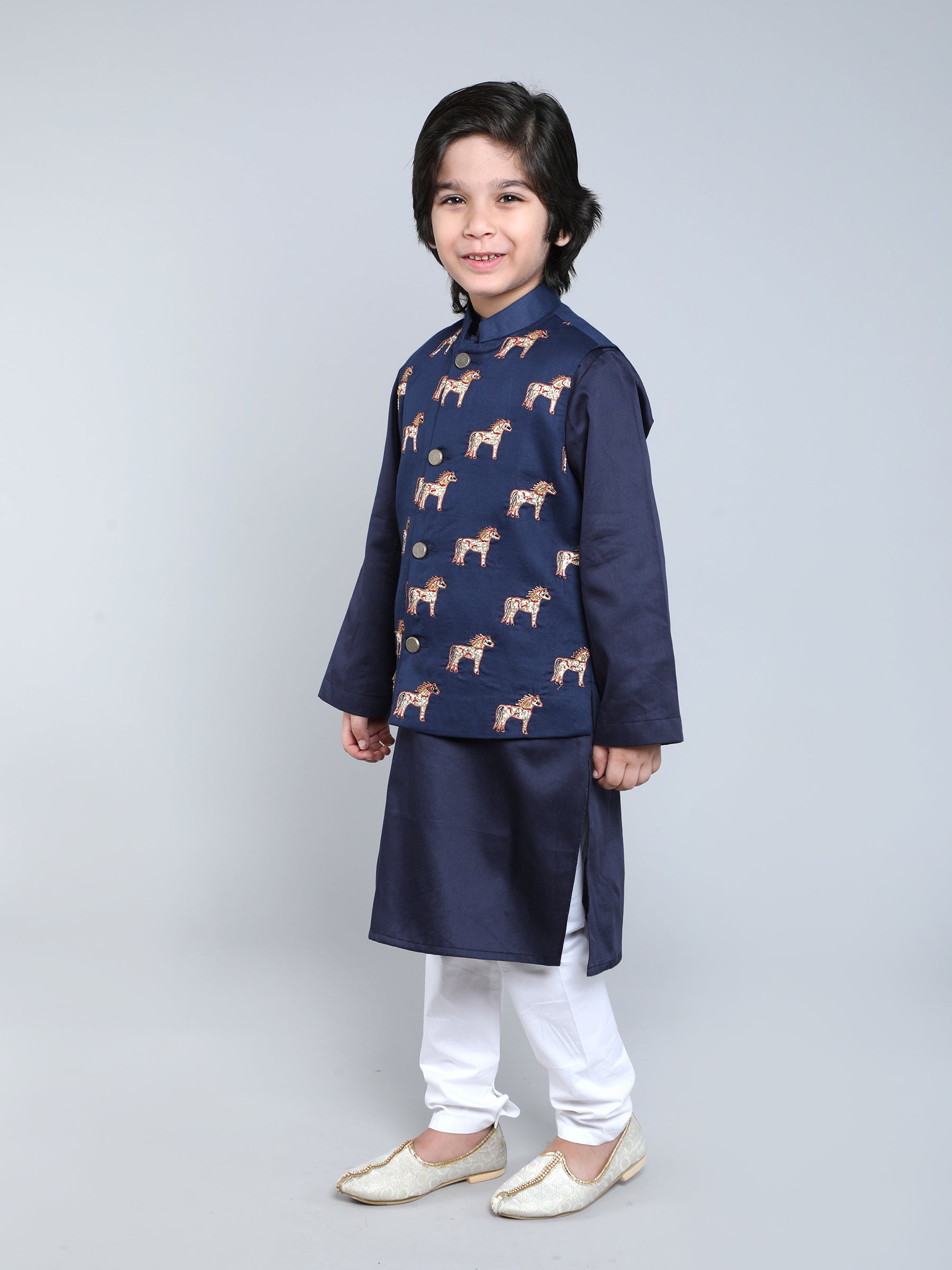 Navy Blue Kurta Set with Embroidered Horse Nehru Jacket