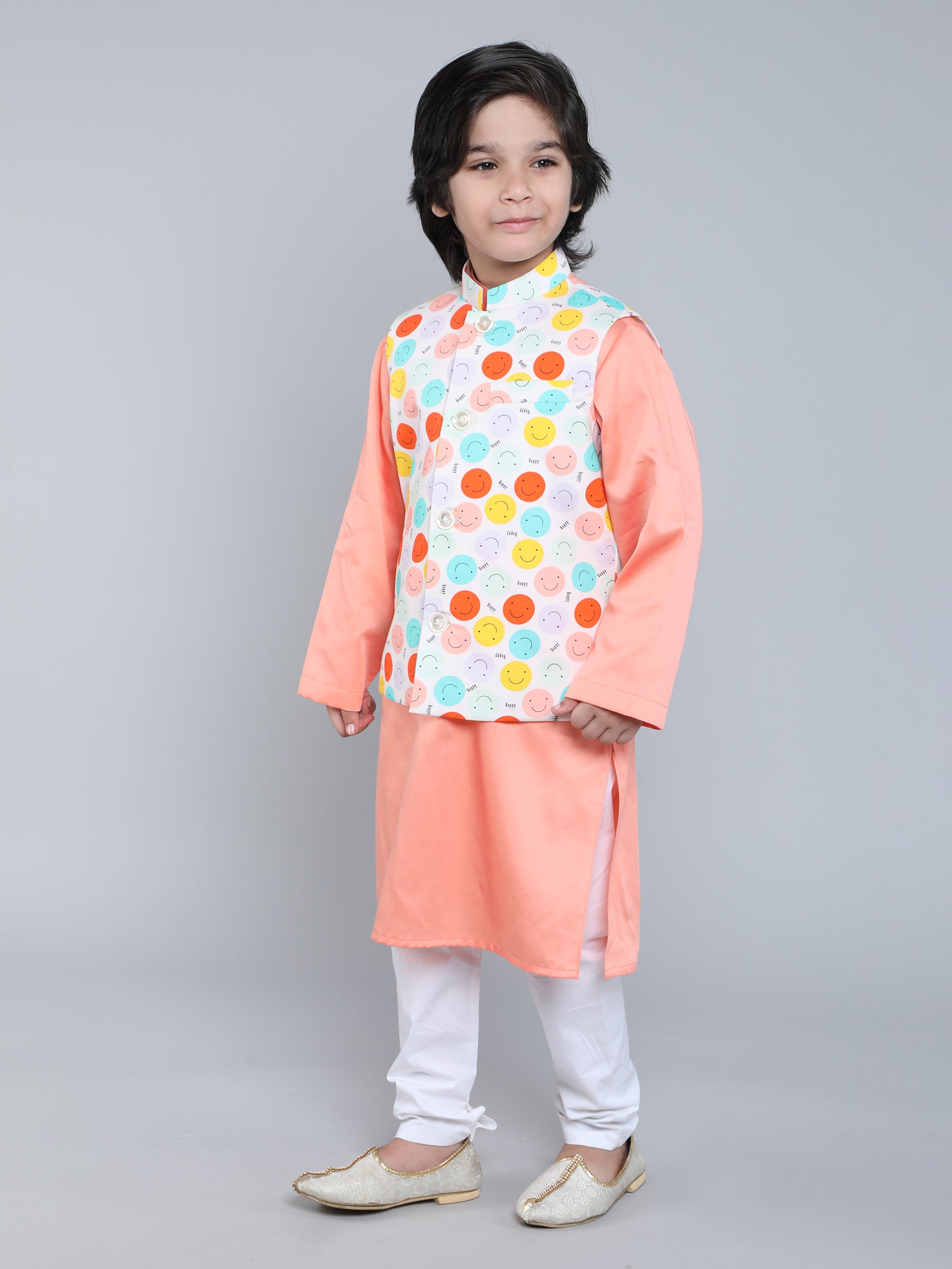 Peach Kurta Set with Smiley Printed Nehru Jacket