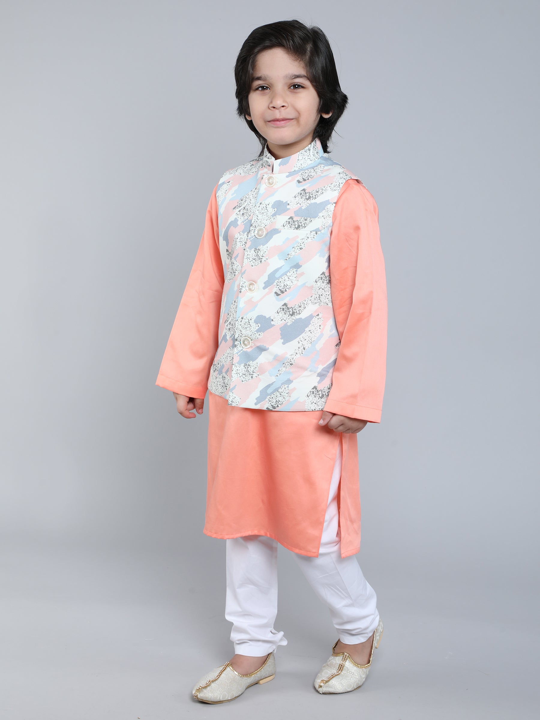 Peach Kurta Set with Abstract Camouflage Printed Nehru Jacket