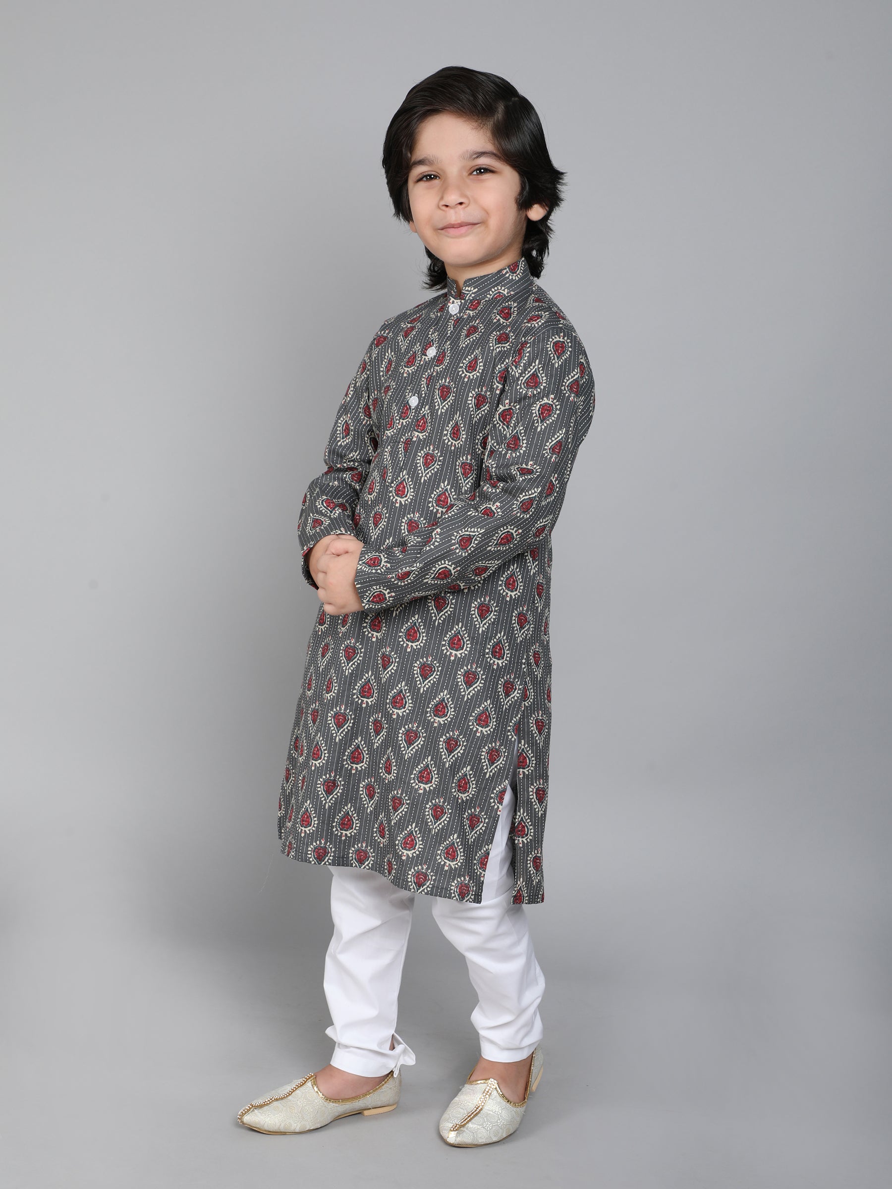 Hand Block Print Kurta Set - Grey