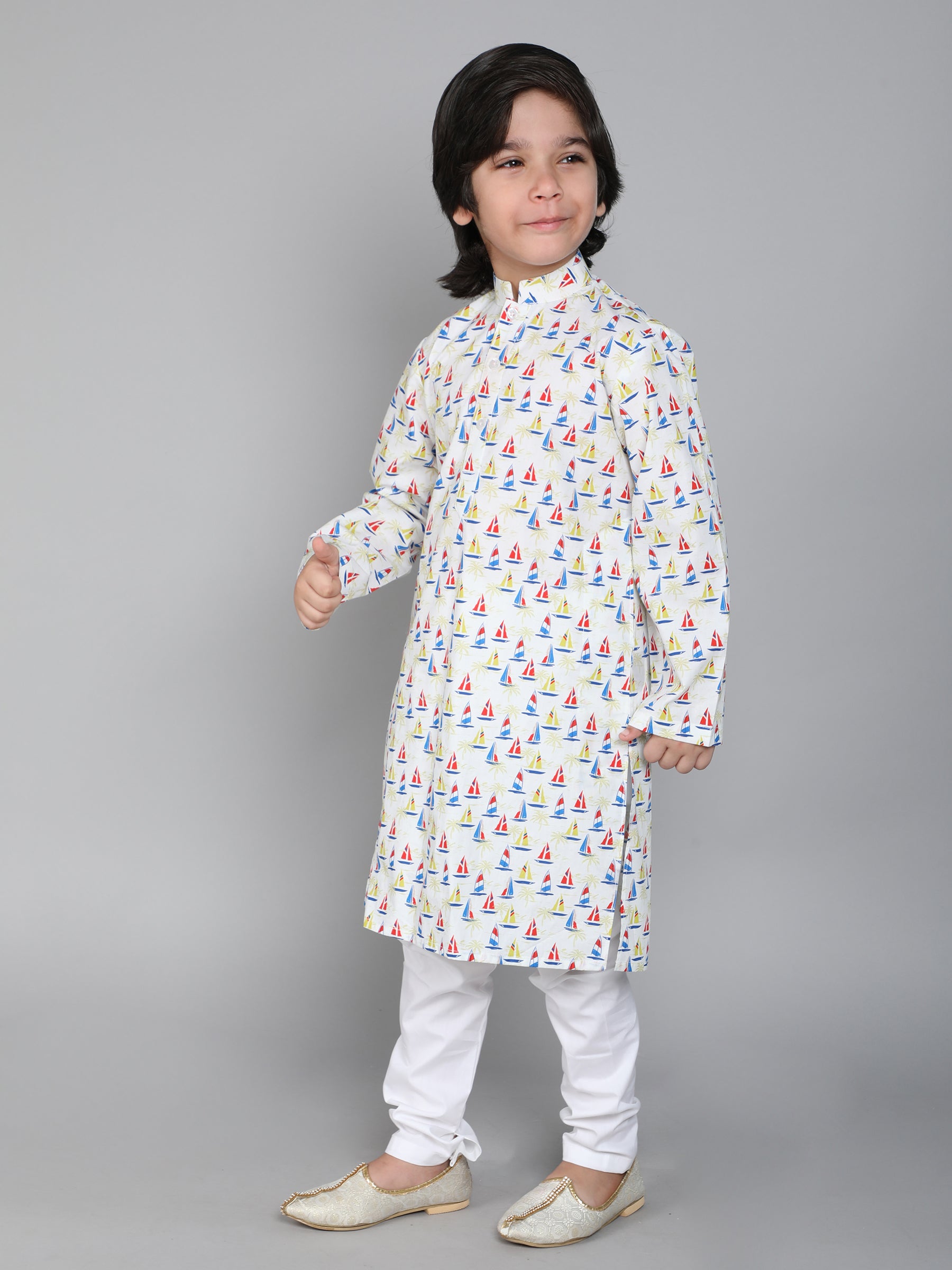Cotton Ship Print Kurta Set - Cream
