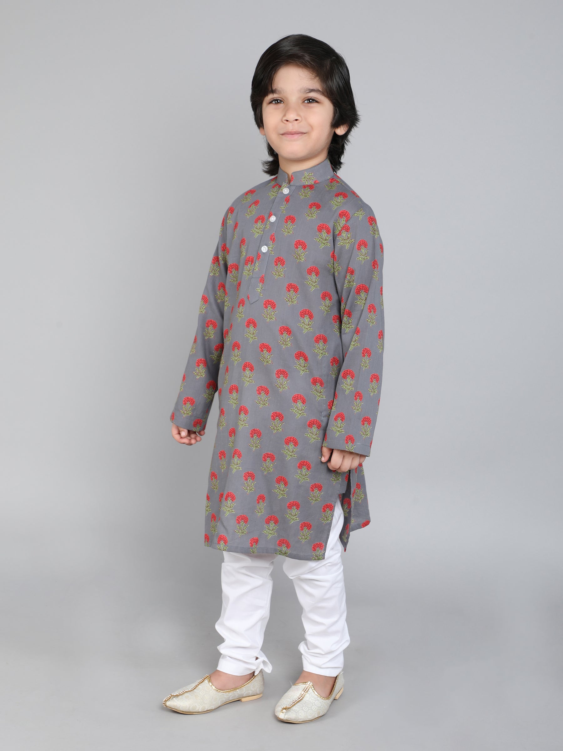 Hand Block Print Kurta Set - Grey