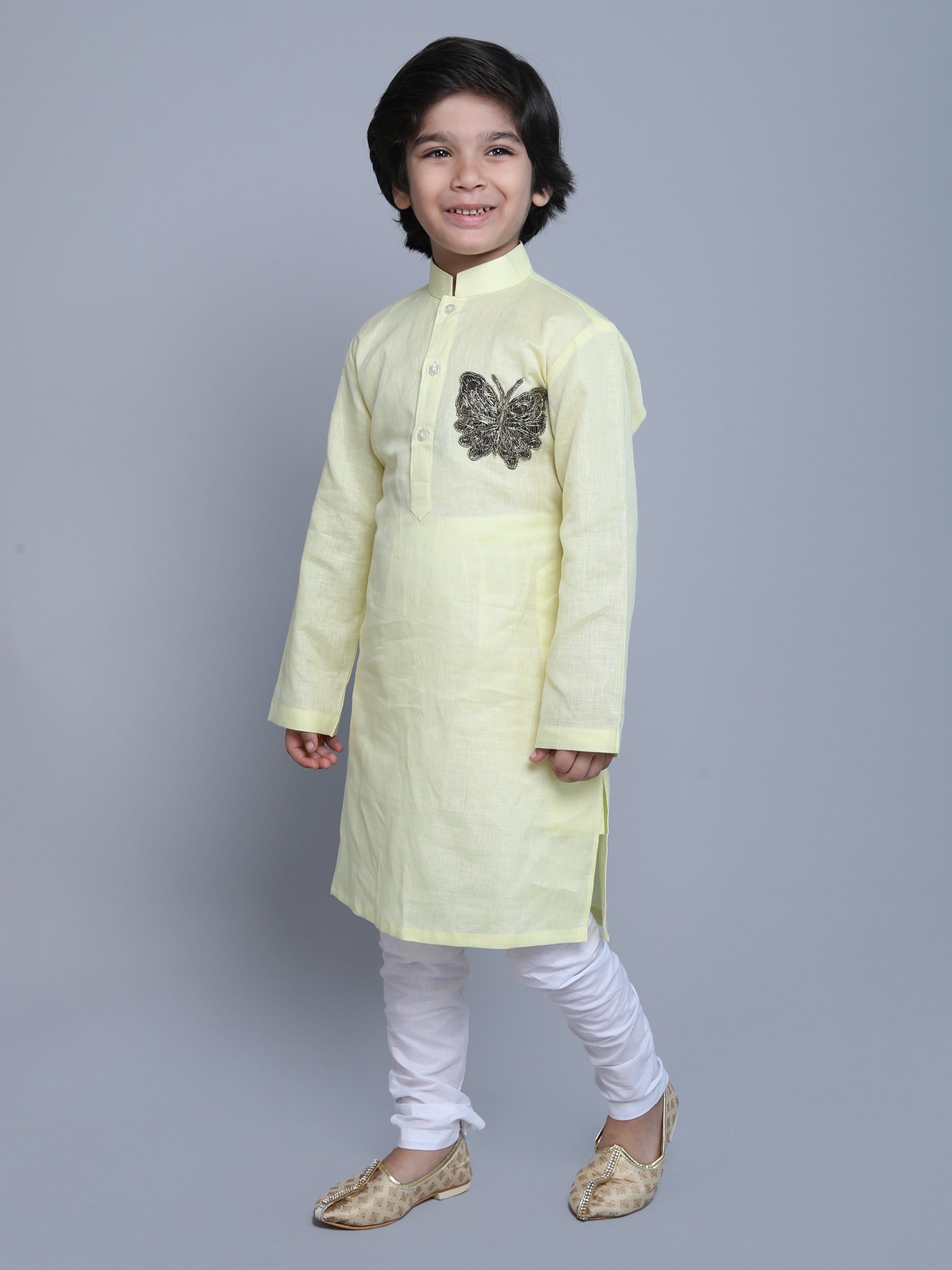 Pure Linen Kurta Set -  colored embroidery - Yellow