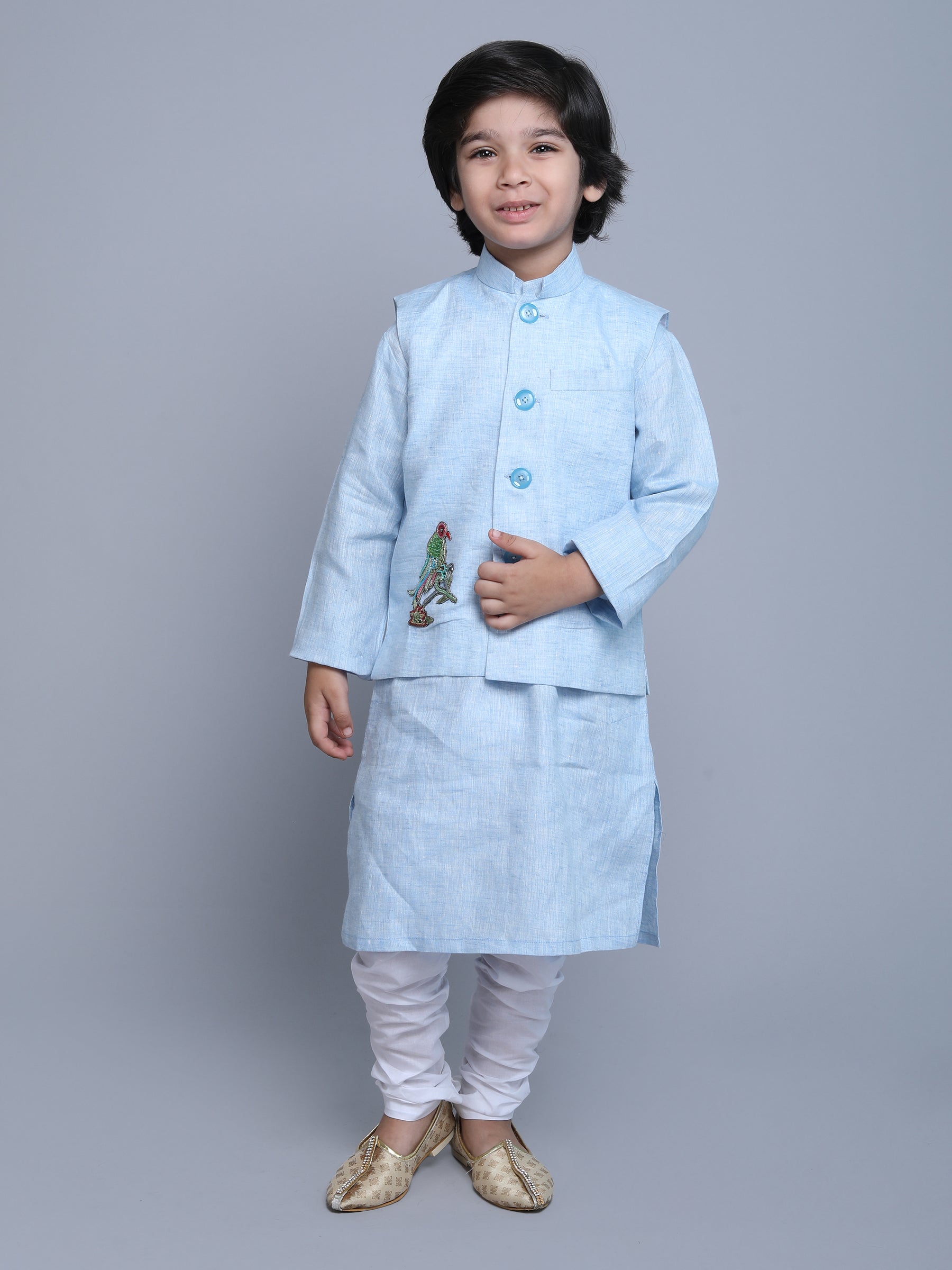 Pure Linen 3pcs Kurta Set -  colored embroidery - Blue