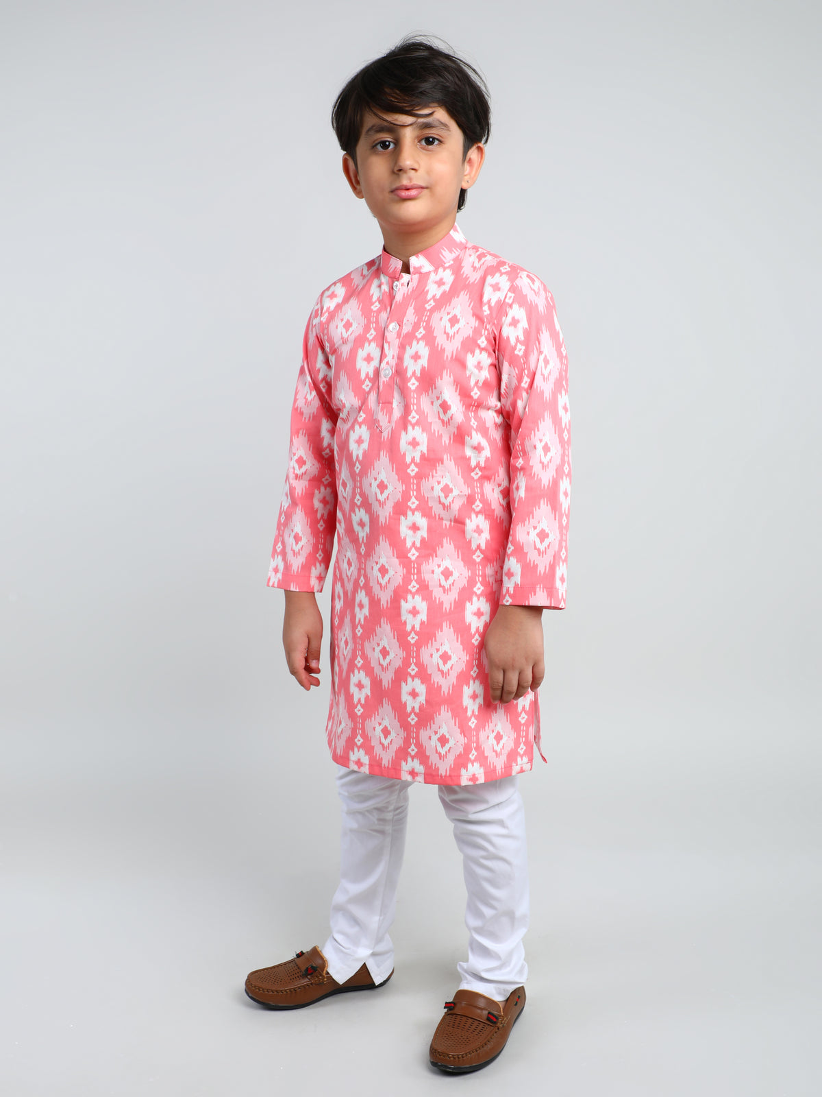 Coral Ikat Print Cotton Kurta Churidar Set