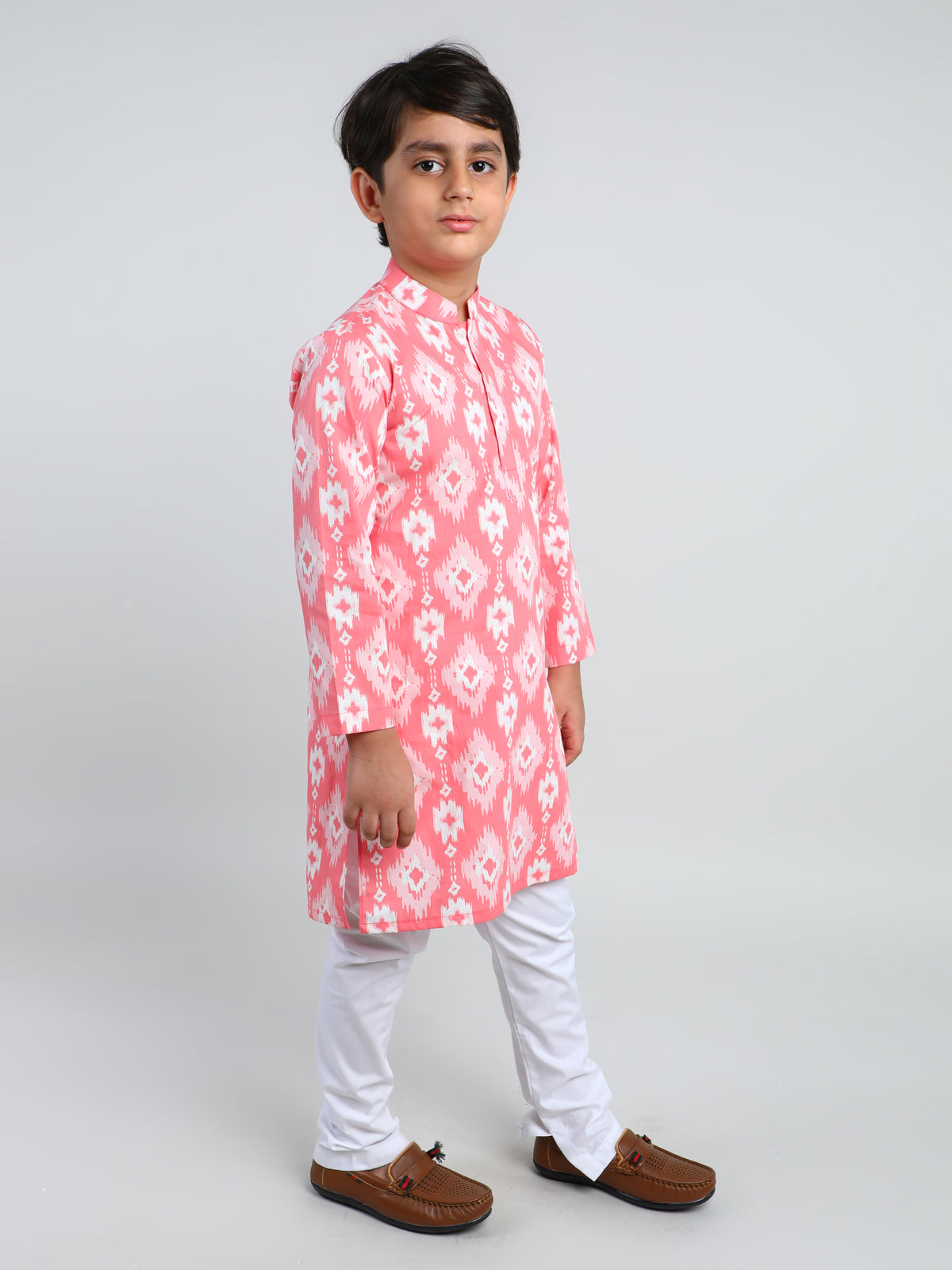 Coral Ikat Print Cotton Kurta Churidar Set