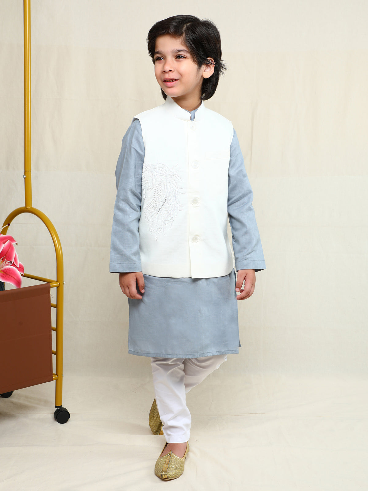 Grey Linen Kurta with Horse Motif Nehru Jacket Set