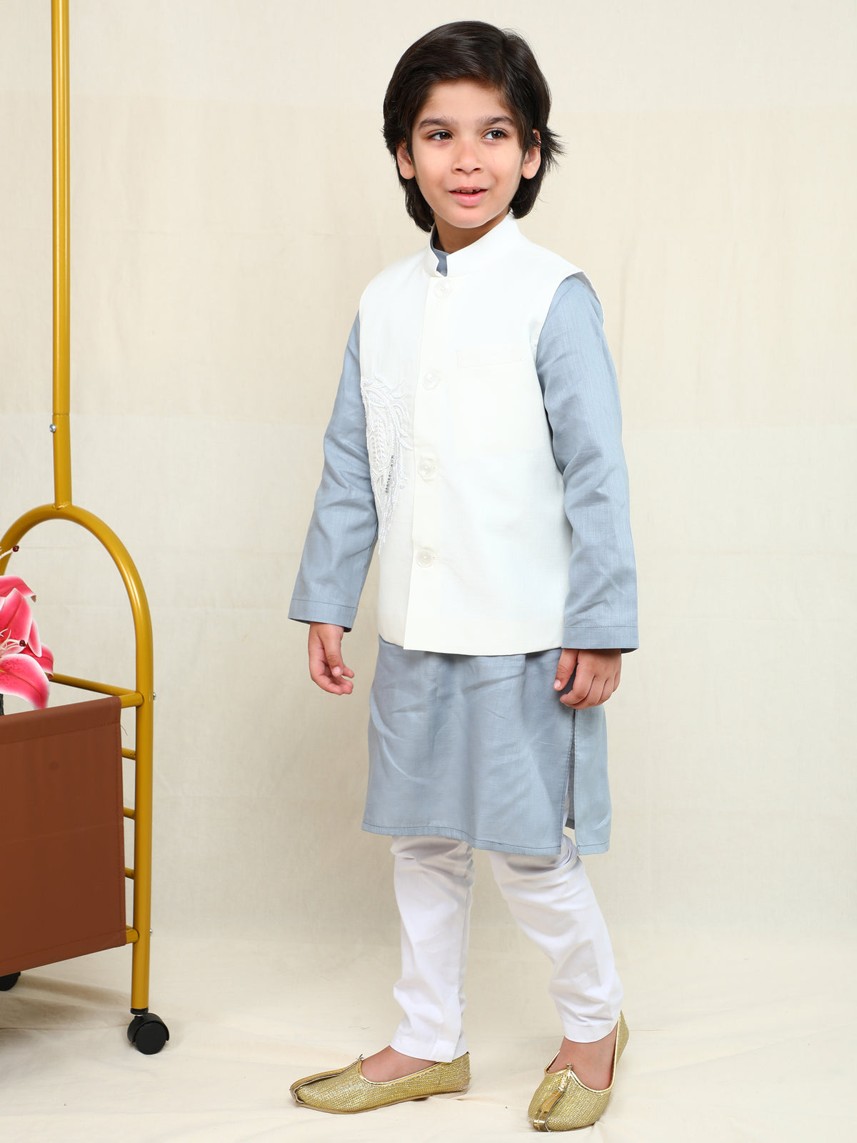 Grey Linen Kurta with Horse Motif Nehru Jacket Set