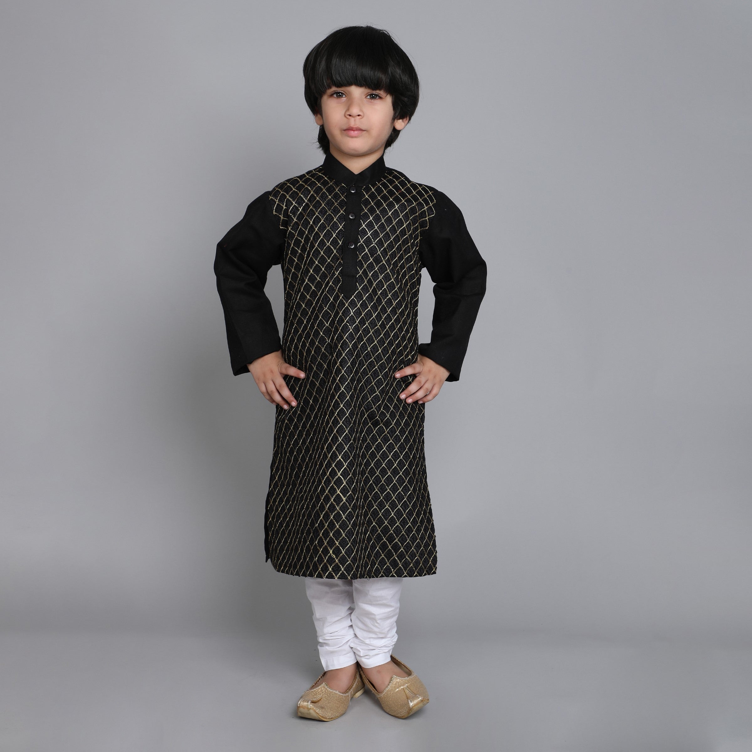 Pure Linen Kurta Set - Gold Embroidery - Black