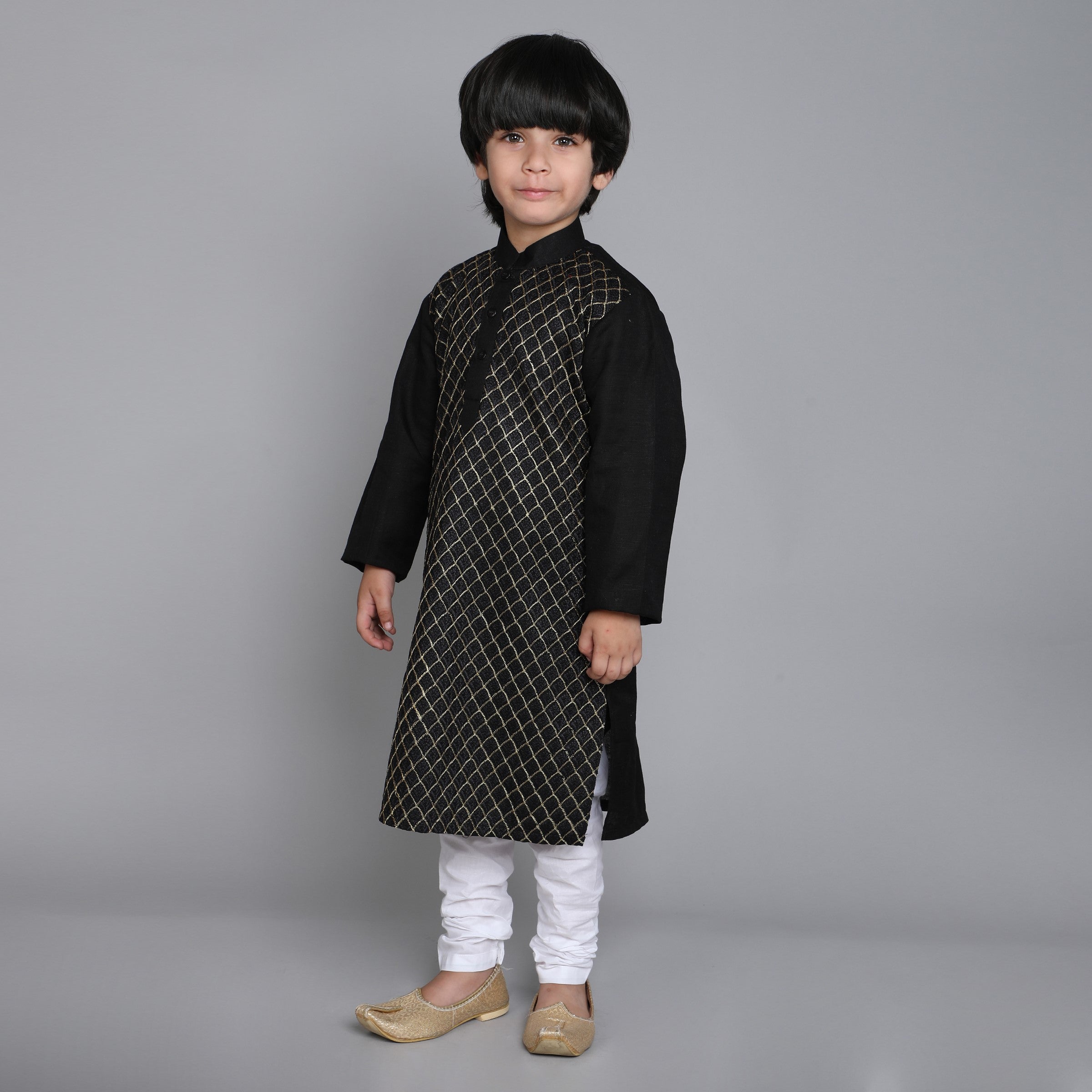 Pure Linen  Kurta Set - Gold Embroidery - Black