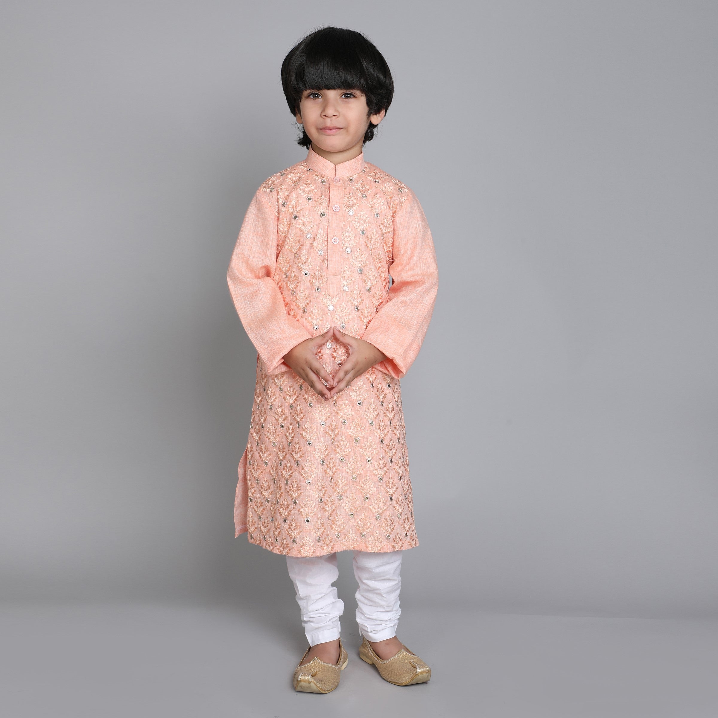 Pure Linen Kurta Set - Mirror Embroidery - Peach