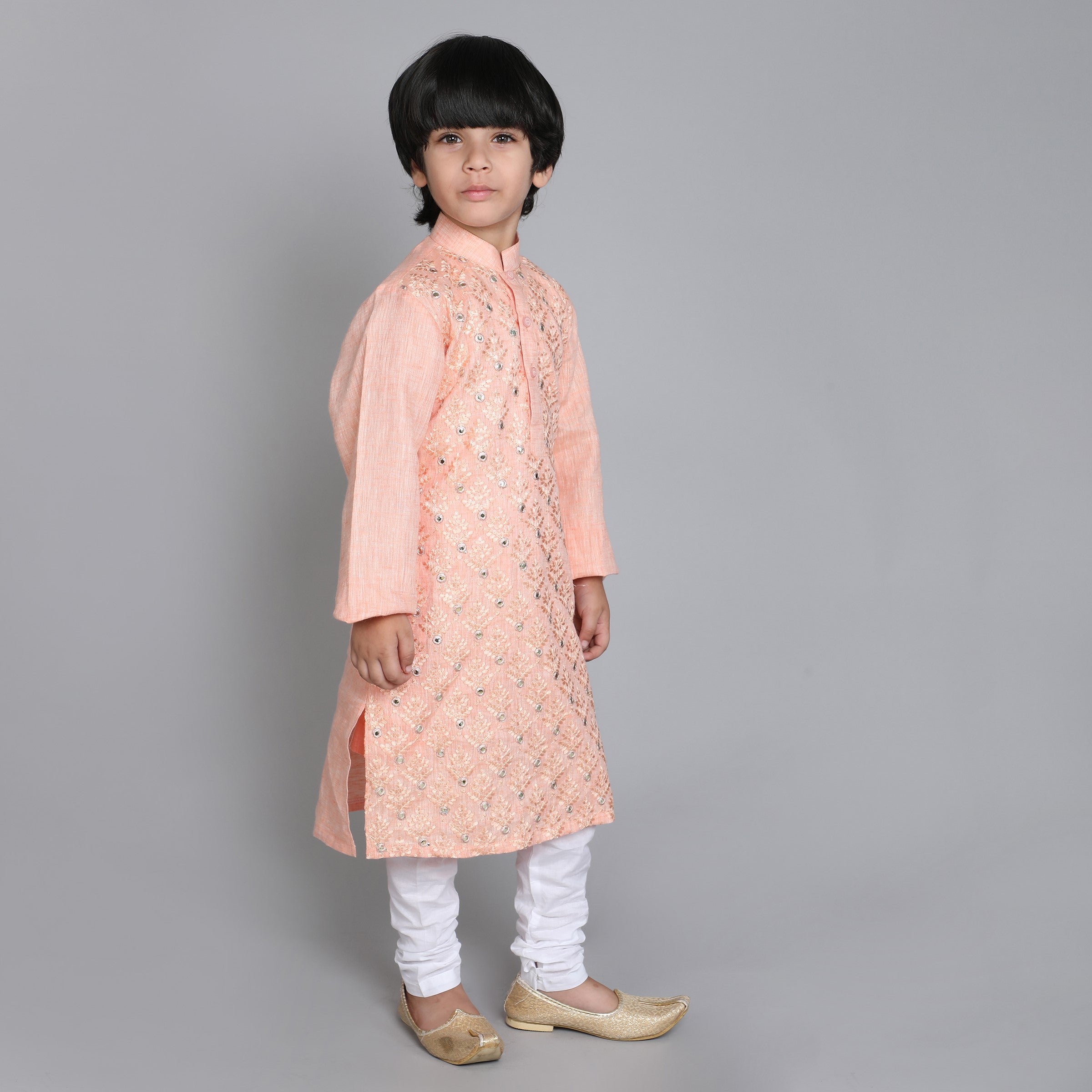 Pure Linen Kurta Set - Mirror Embroidery - Peach