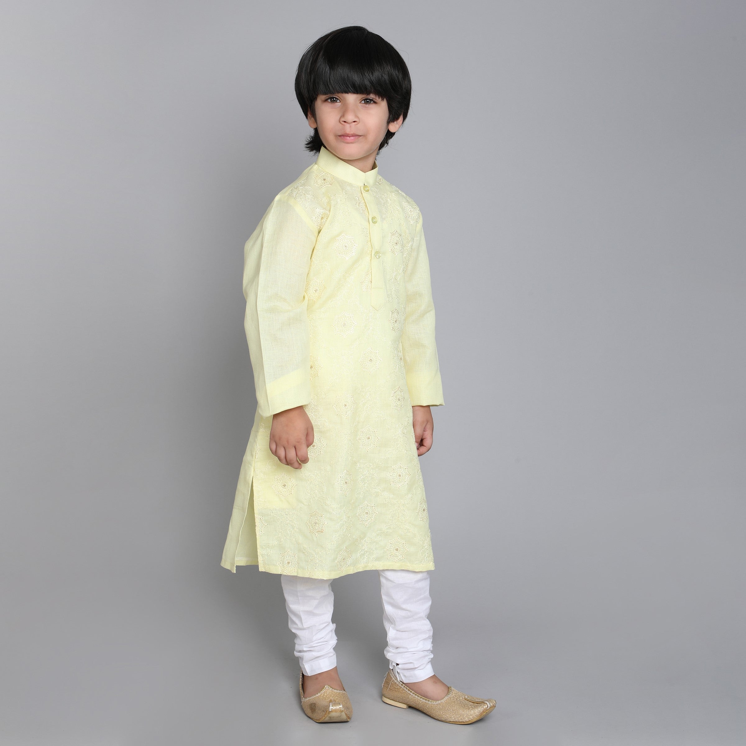 Pure Linen Kurta Set - Self Color Embroidery - Yellow