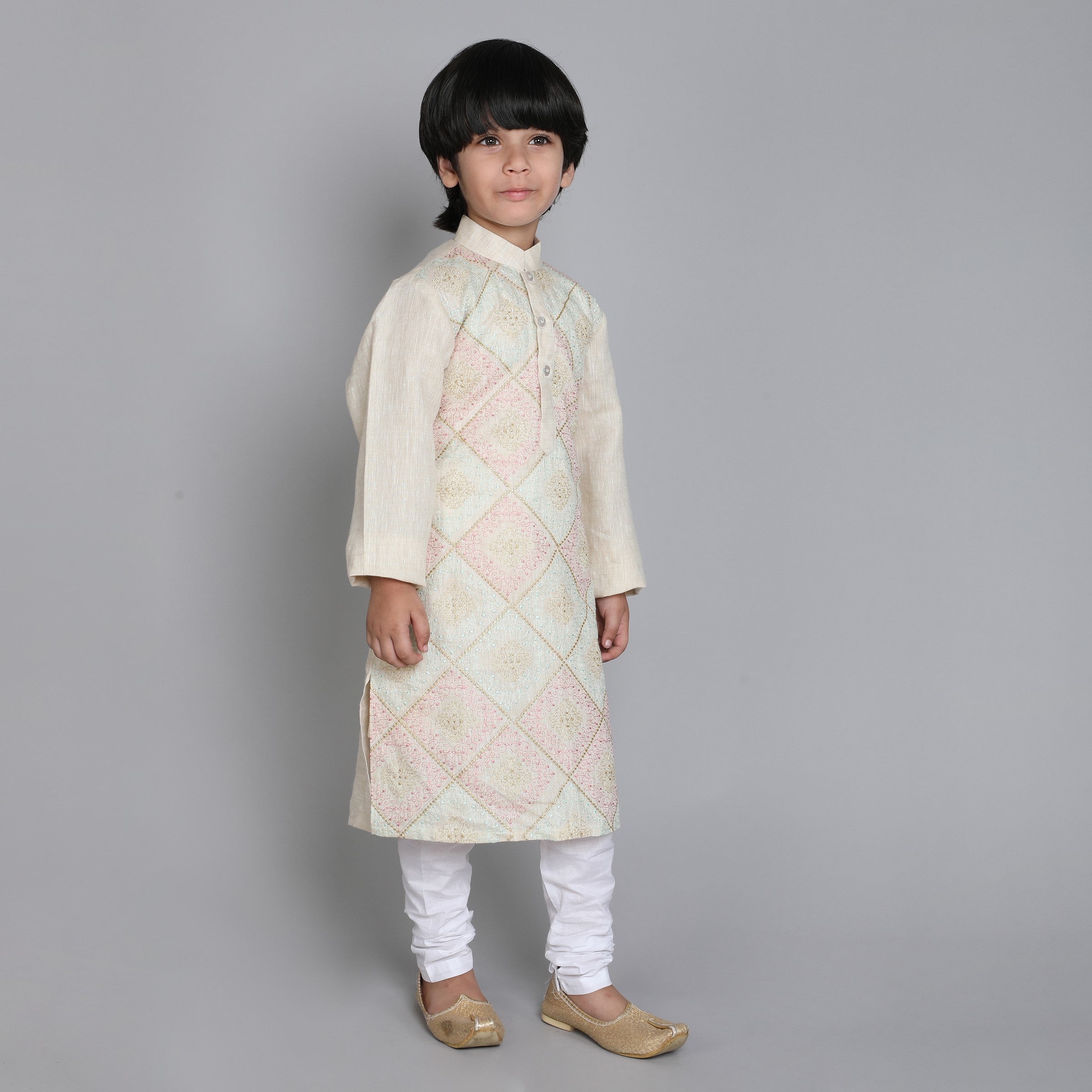 Pure Linen Kurta Set - Self Color Embroidery - Beige