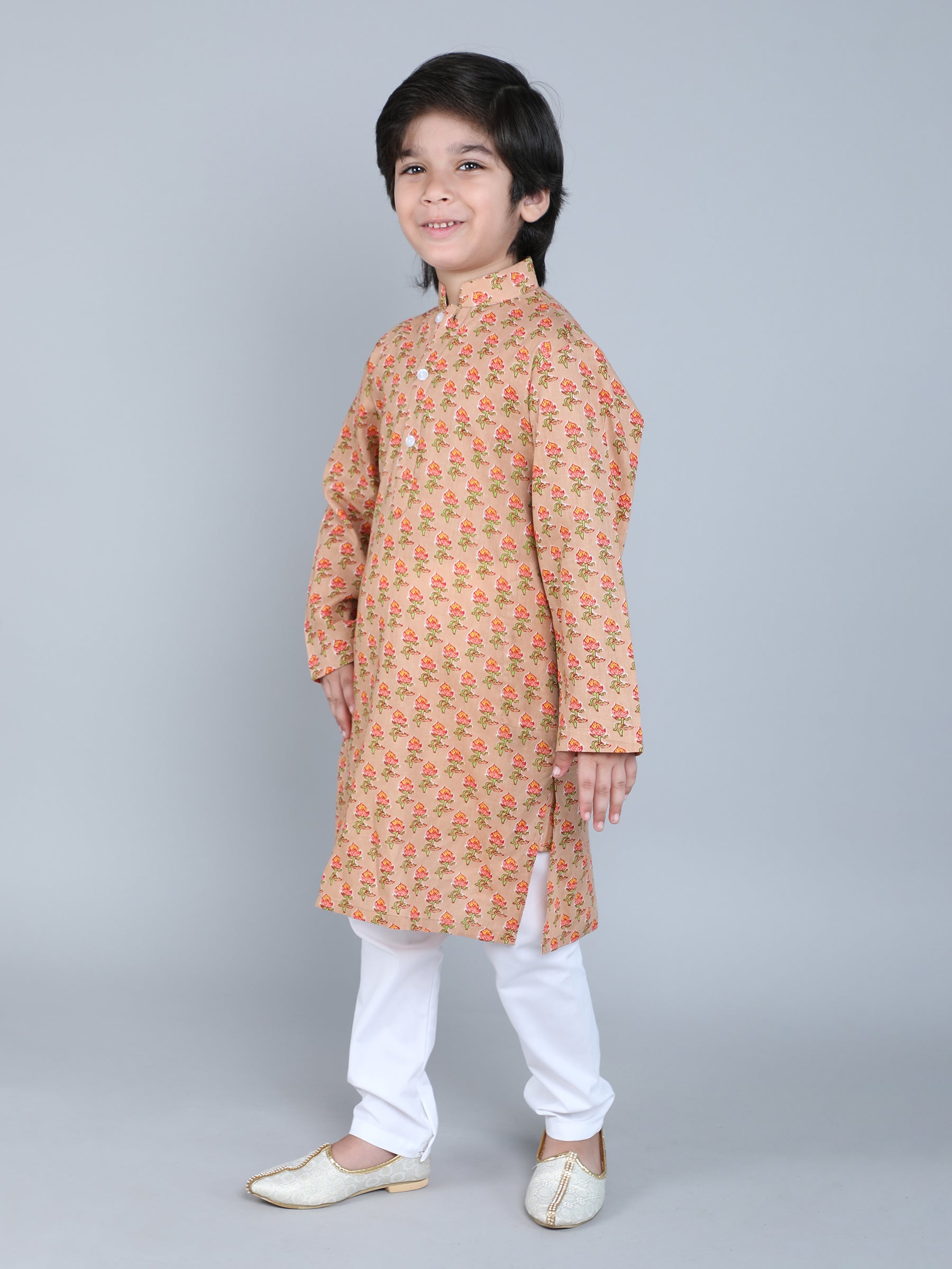 Hand Block Print Kurta Set - Beige