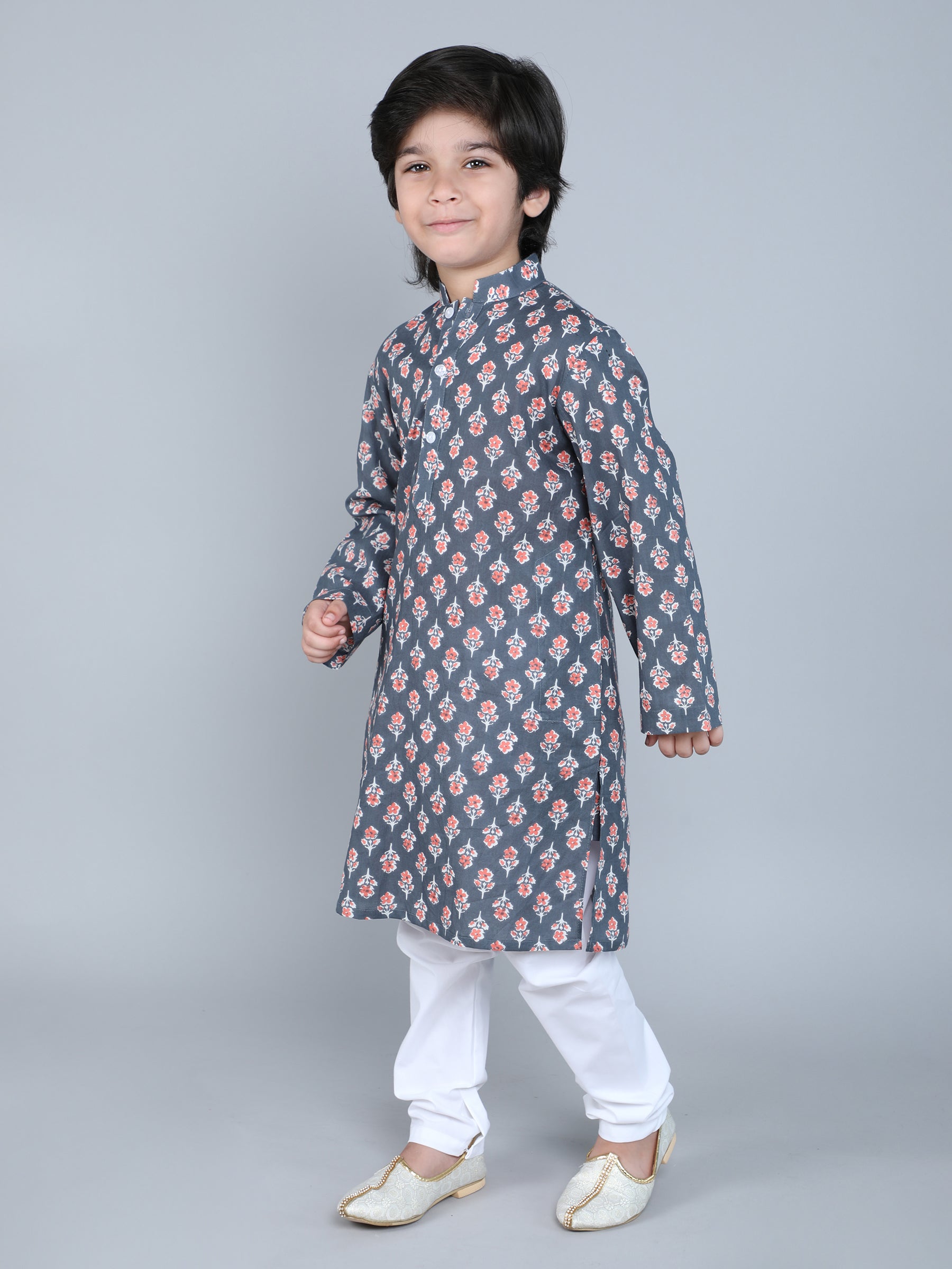 Hand Block Print Kurta Set - Grey