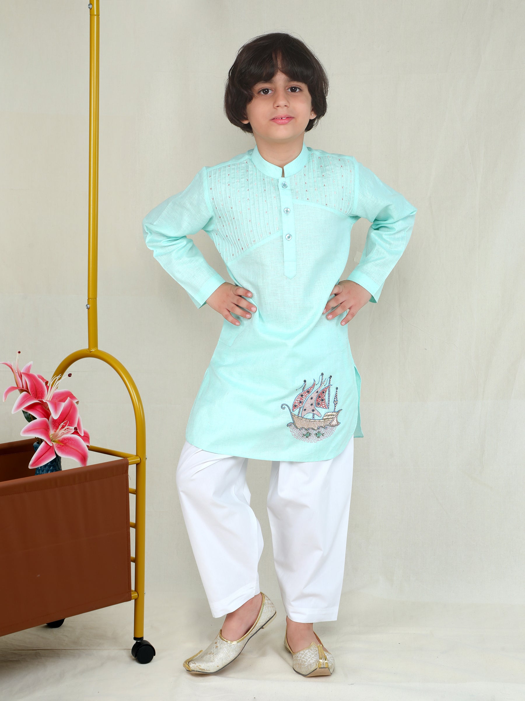 – Sea Green Linen Pathani Kurta Salwar Set with Embroidered Sailboat Motif FOR BOYS