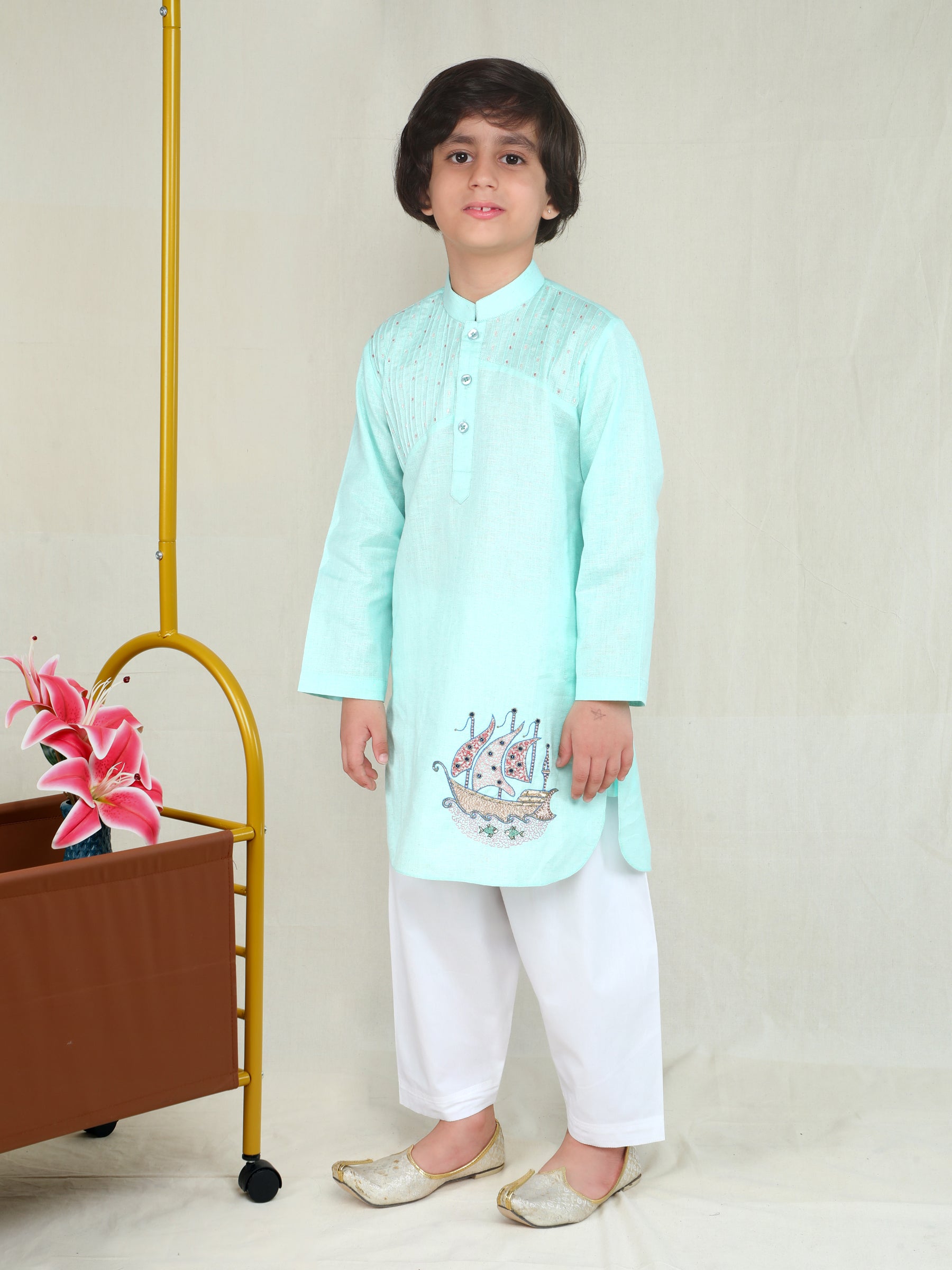 – Sea Green Linen Pathani Kurta Salwar Set with Embroidered Sailboat Motif FOR BOYS