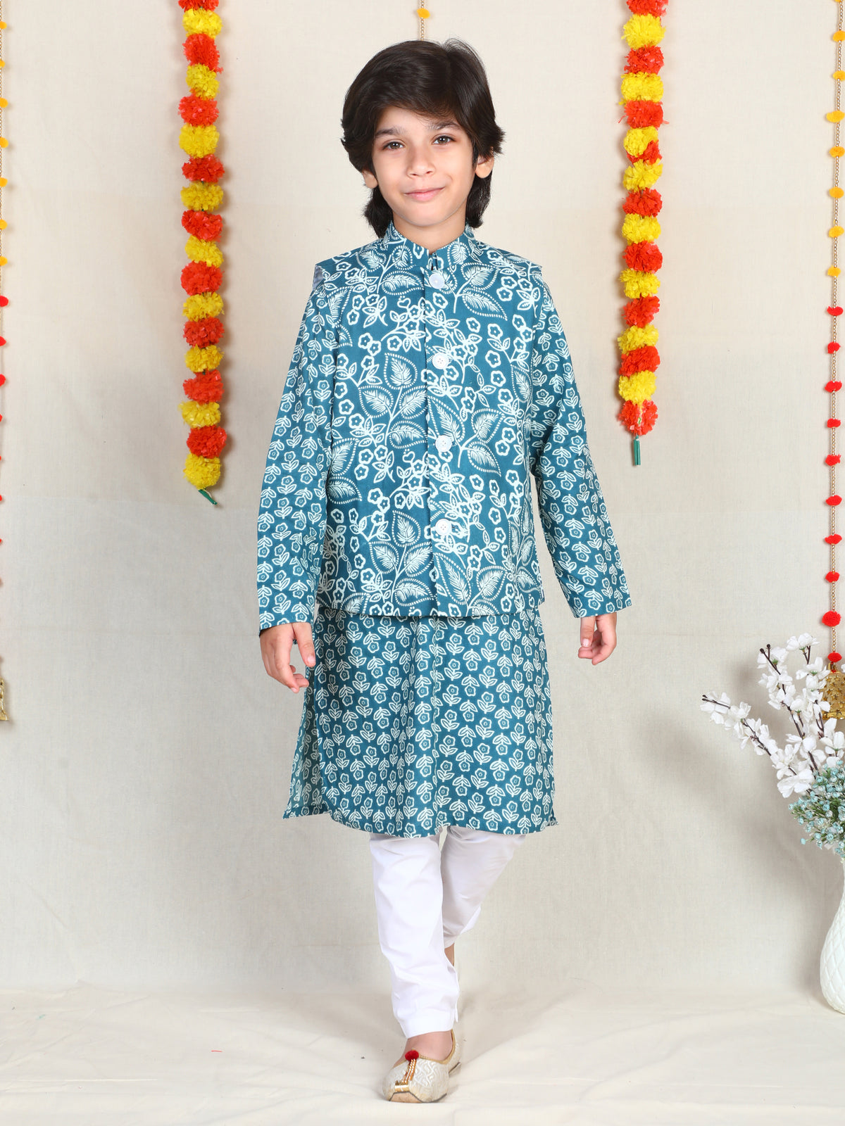 Teal Floral Print Cotton 3 Pcs. Kurta Churidar Set With Bundi for Boys