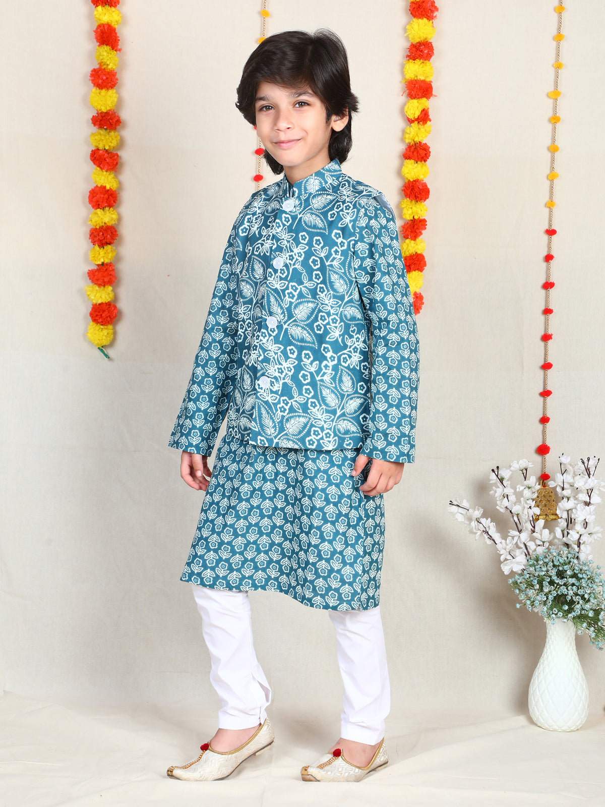 Teal Floral Print Cotton 3 Pcs. Kurta Churidar Set With Bundi for Boys