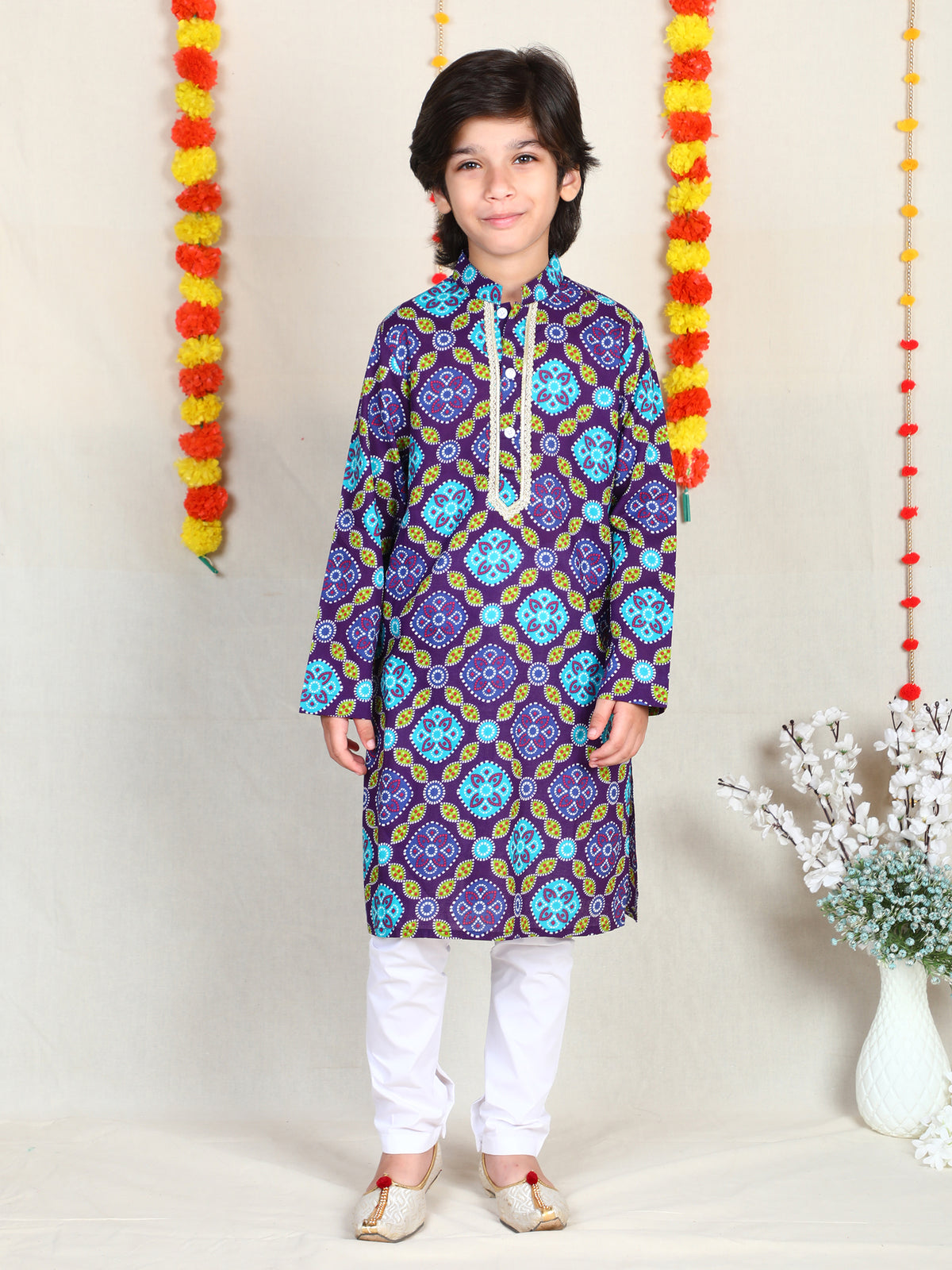 Purple Bandhani Print Cotton Kurta Churidar Set for Boys