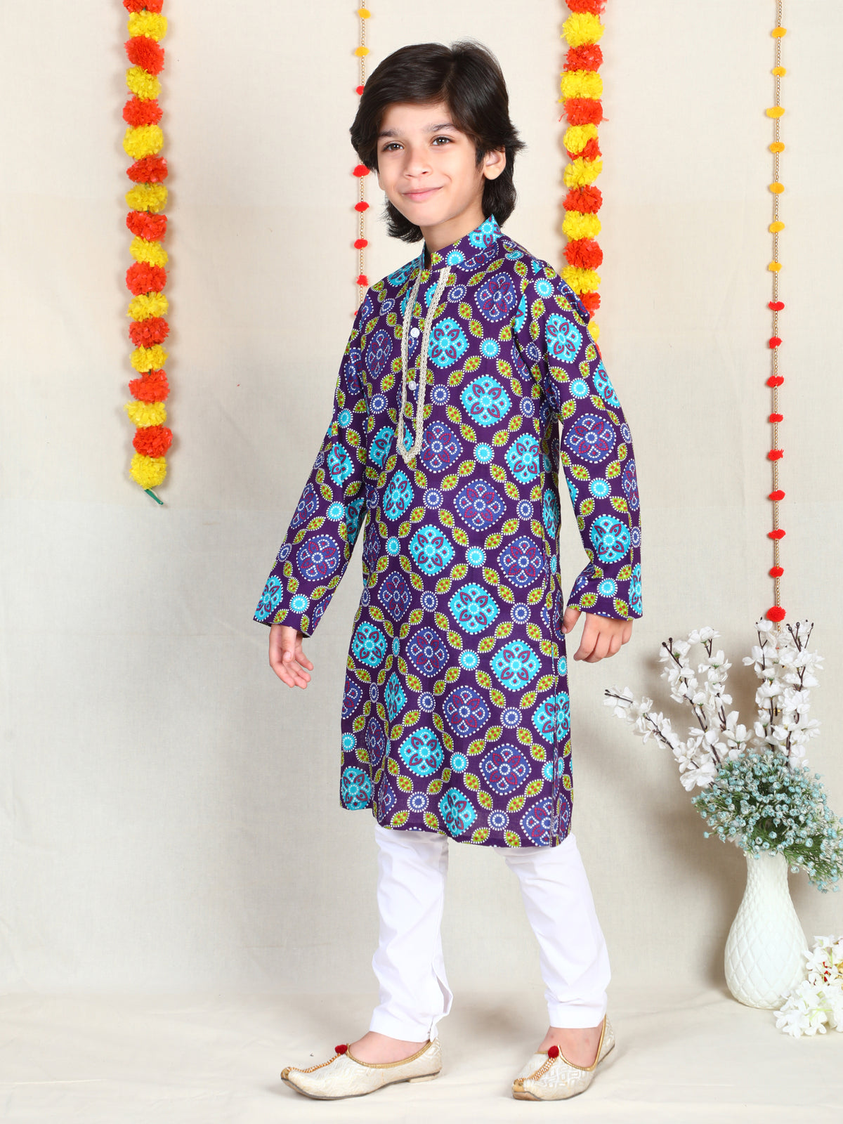 Purple Bandhani Print Cotton Kurta Churidar Set for Boys