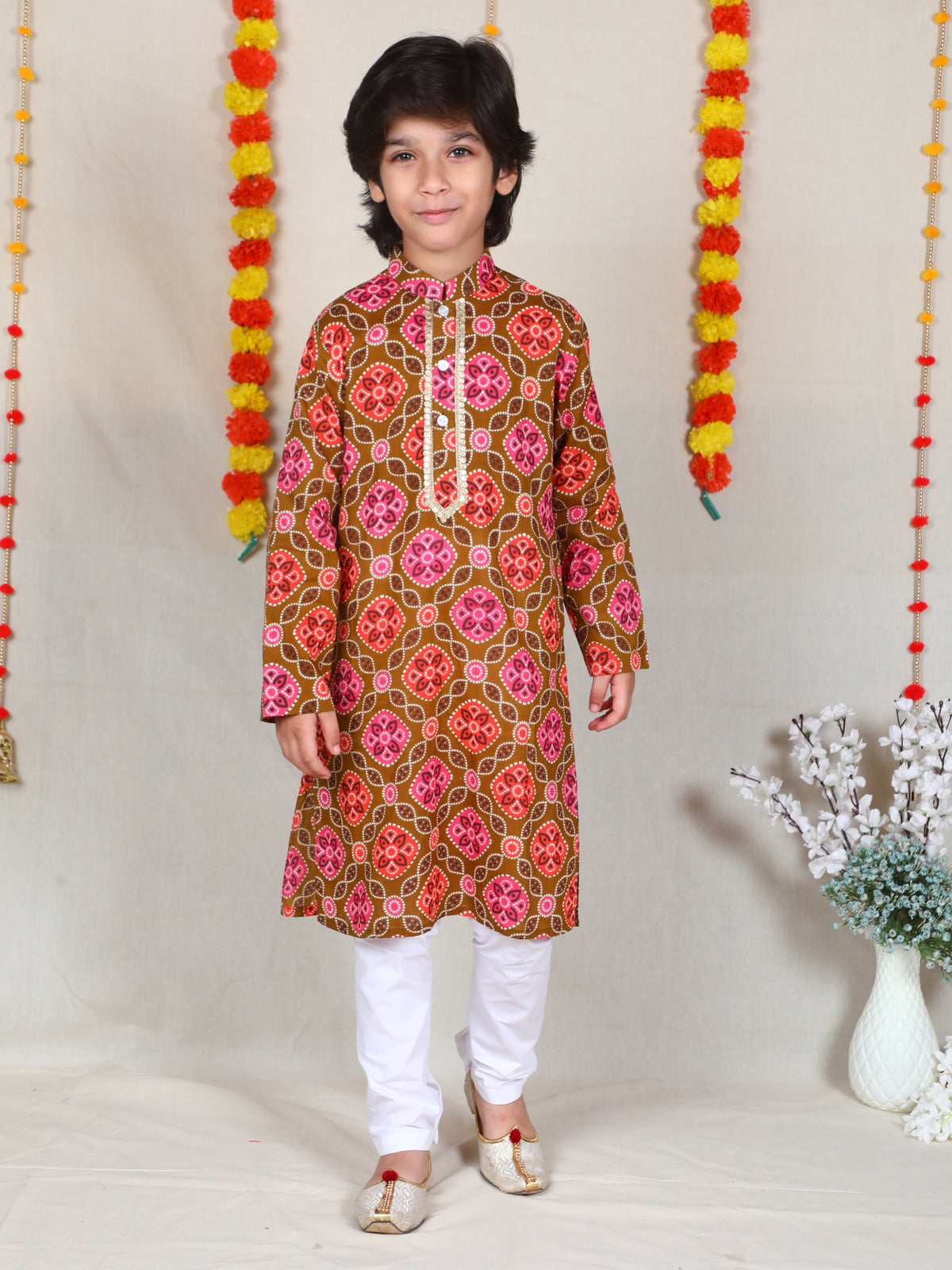 Mustard Bandhani Print Cotton Kurta Churidar Set for Boys