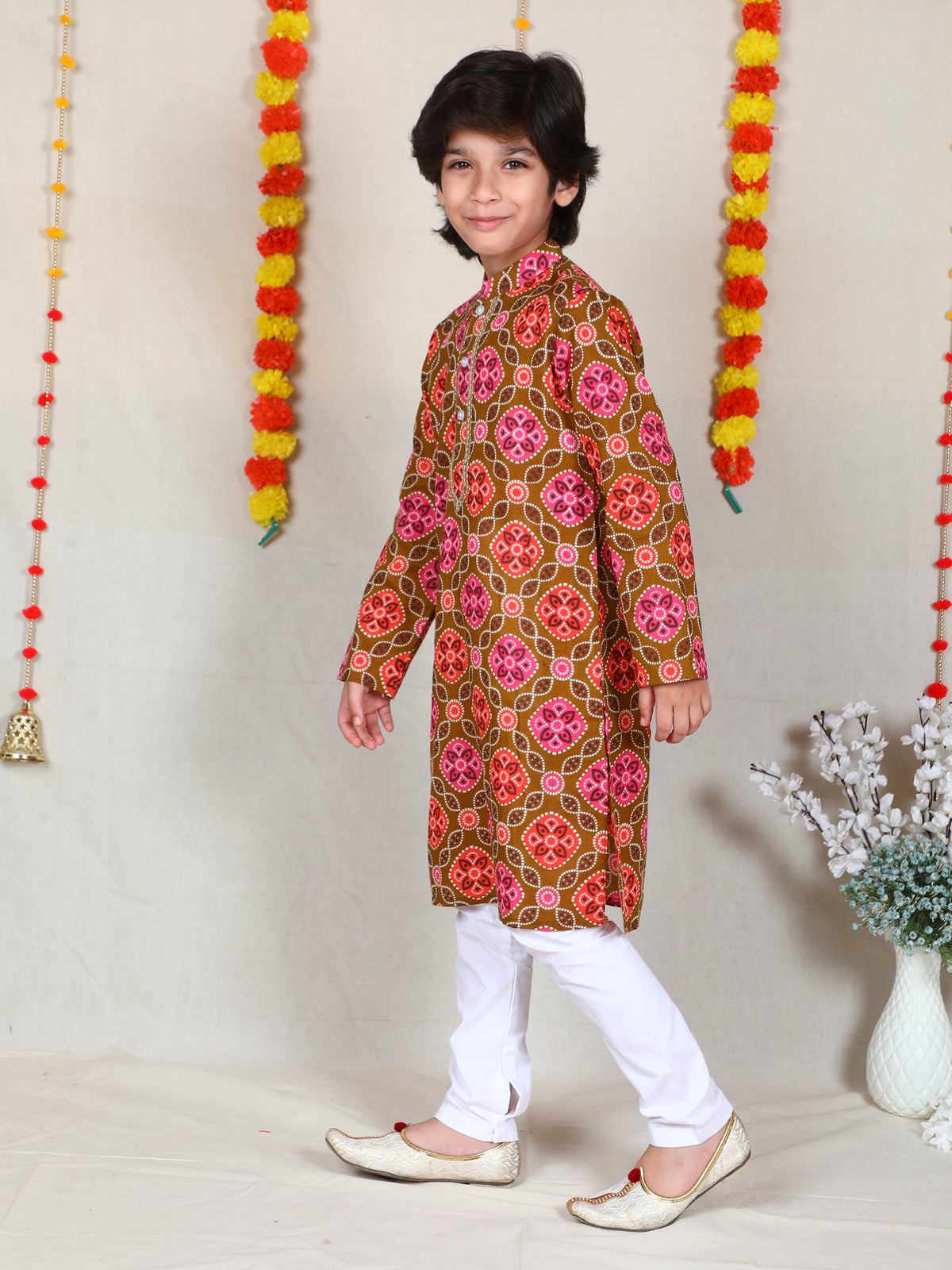 Mustard Bandhani Print Cotton Kurta Churidar Set for Boys