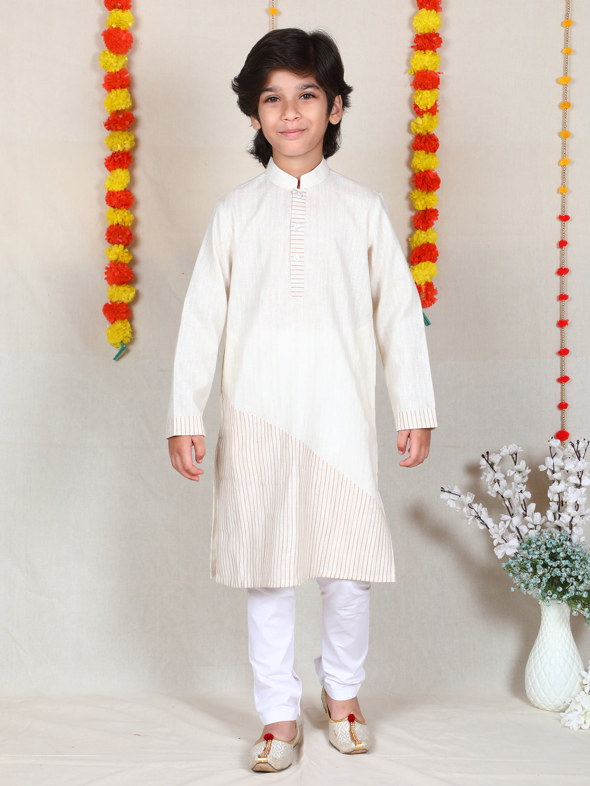 Boys Ivory Linen Blend Kurta Churidar Set
